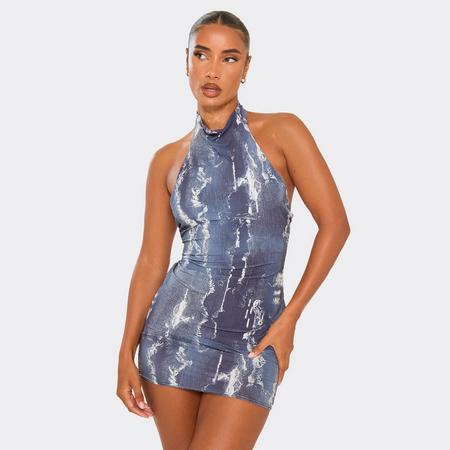 High Neck Bodycon Mini Dress In Blue Abstract Print, Women's Size US