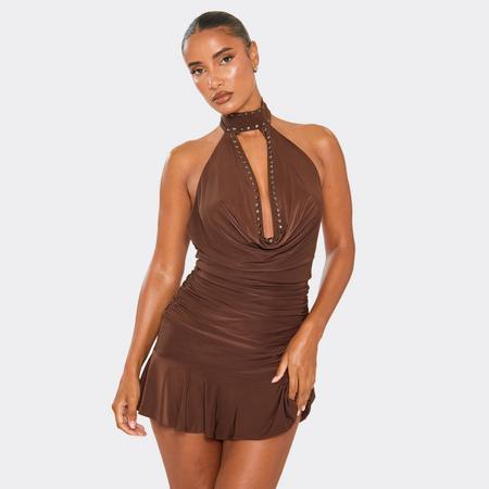 Cowl Neck Choker Stud Detail Frill Hem Mini Dress In Chocolate Brown, Women's Size US