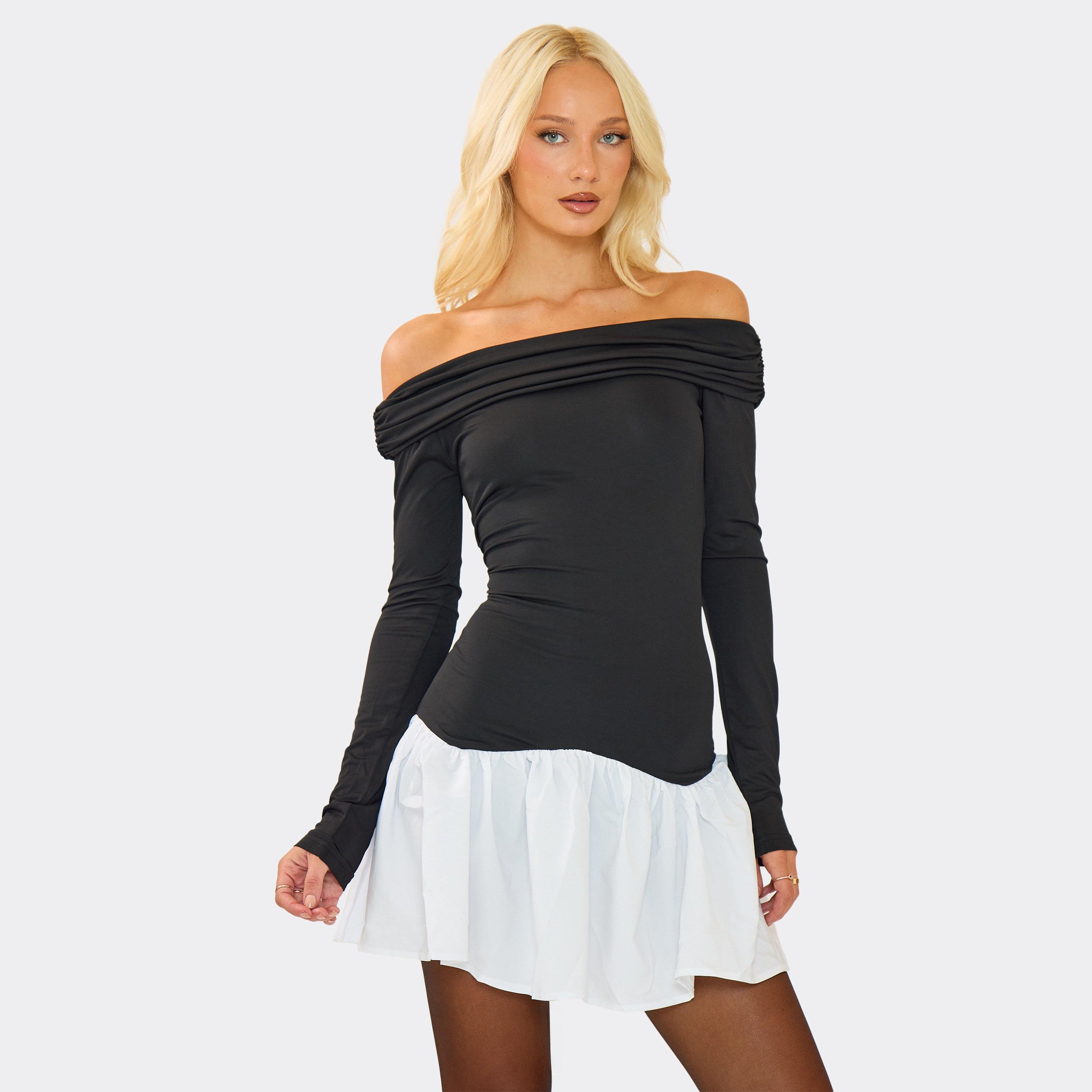 Bardot Long Sleeve Contrast Pleated Mini Dress In Black, Women's Size UK M