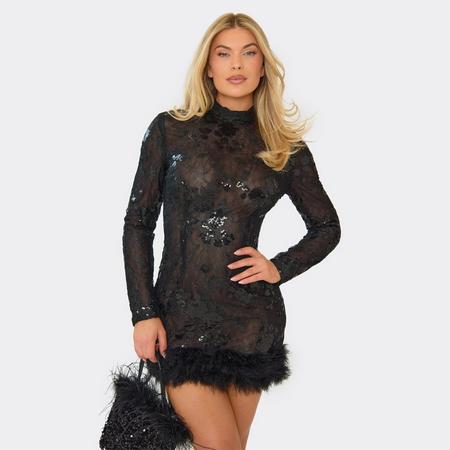 High Neck Long Sleeve Feather Hem Detail Mini Dress In Black Sequin, Women's Size US