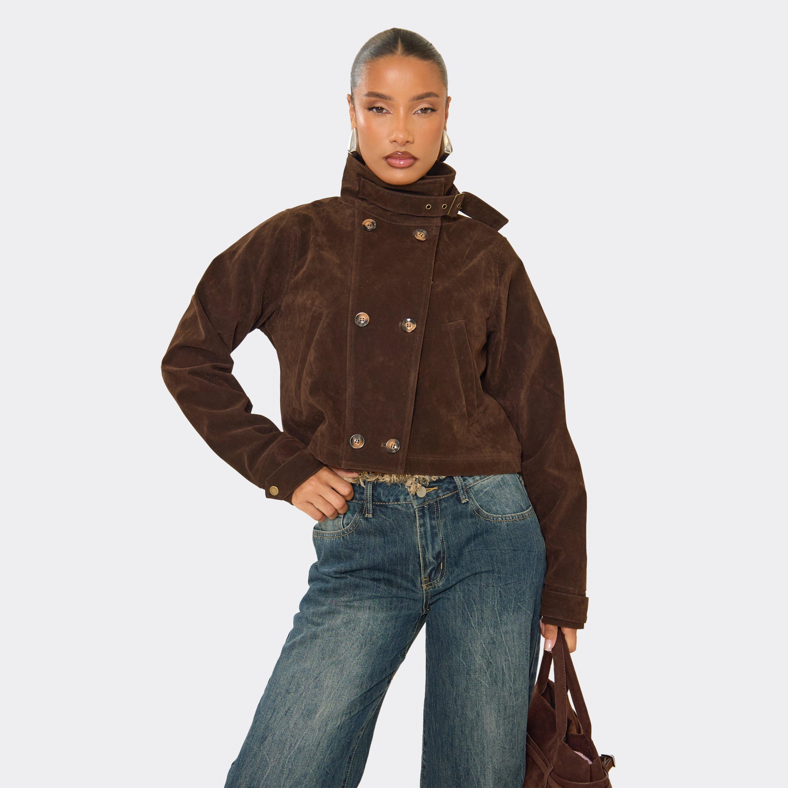 Funnel Neck Cropped Trench Jacket In Chocolate Brown Suede, Women's Size UK 6