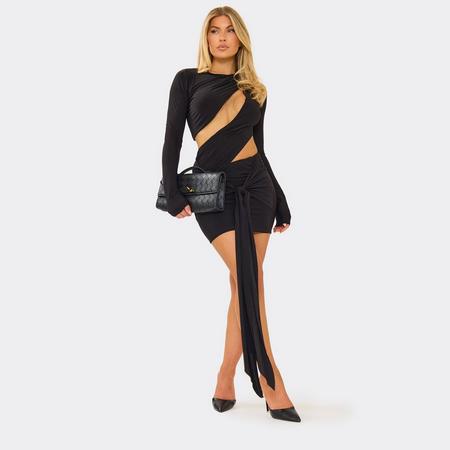 Long Sleeve Cut Out Detail Drape Mini Dress In Black Slinky, Women's Size US