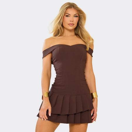 Off The Shoulder Pleated Mini Dress In Chocolate Brown, Women's Size US