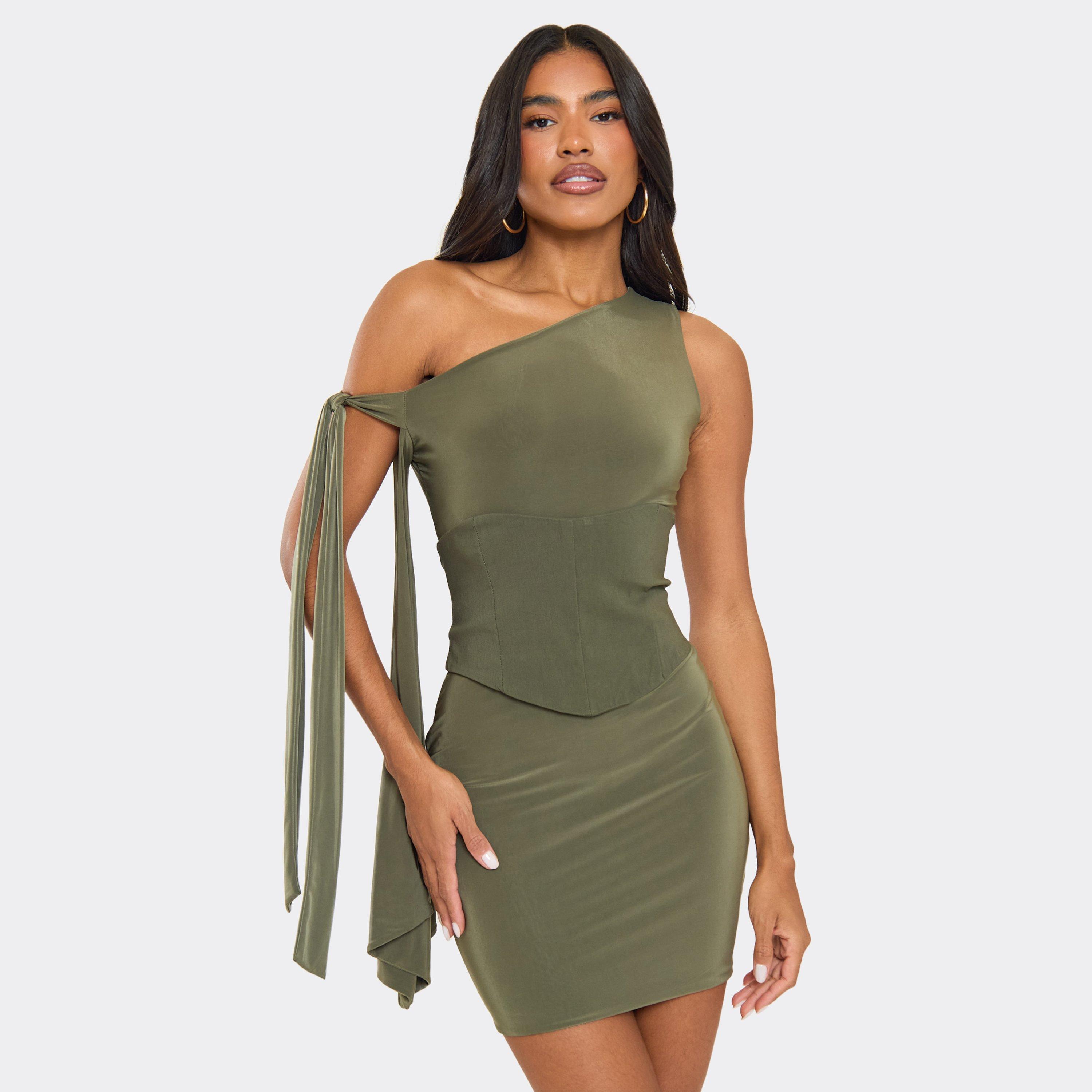Off The Shoulder Drape Detail Corseted Mini Dress In Khaki Green, Women’s
