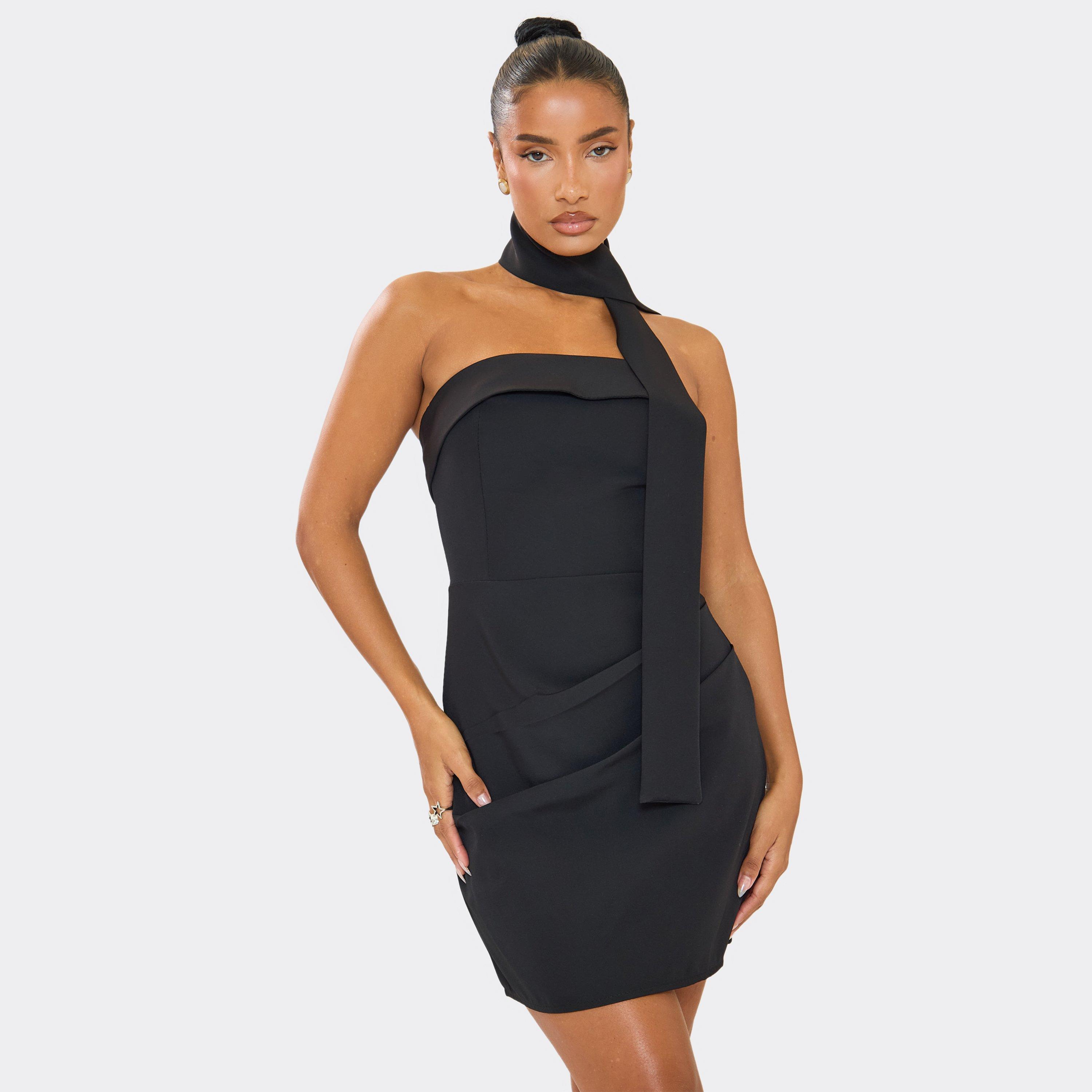 Scarf Detail Fold Over Bandeau Tailored Mini Dress In Black, Women’s