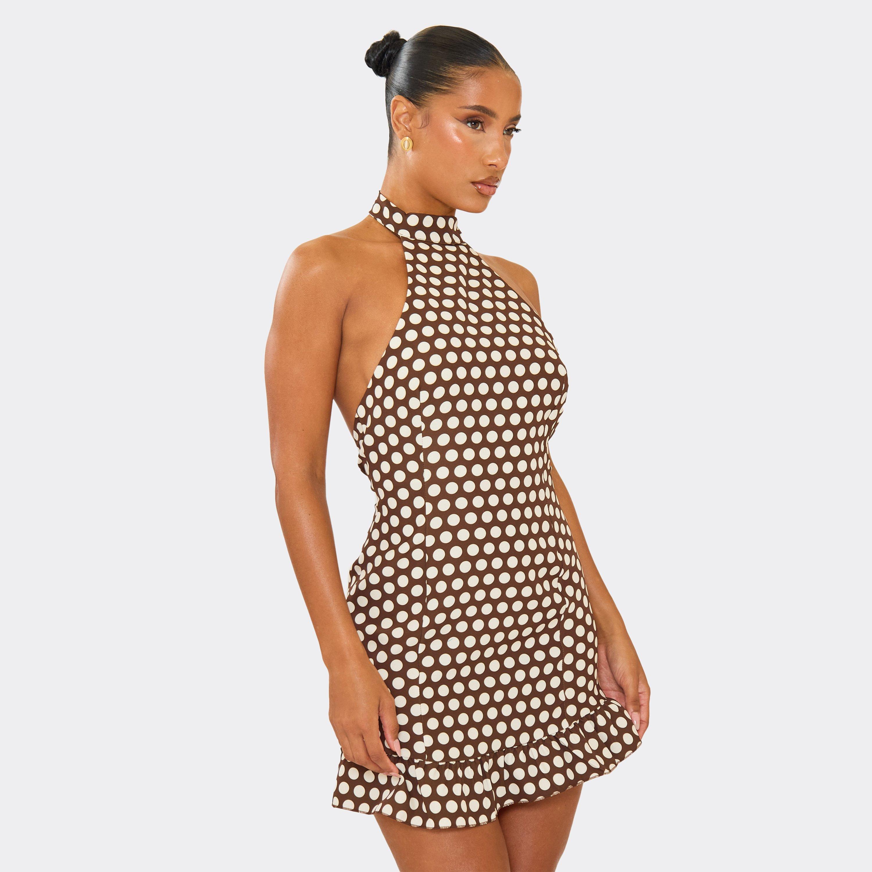 High Neck Frill Hem Mini Dress In Chocolate Brown Polka Dot, Women's Size UK 8