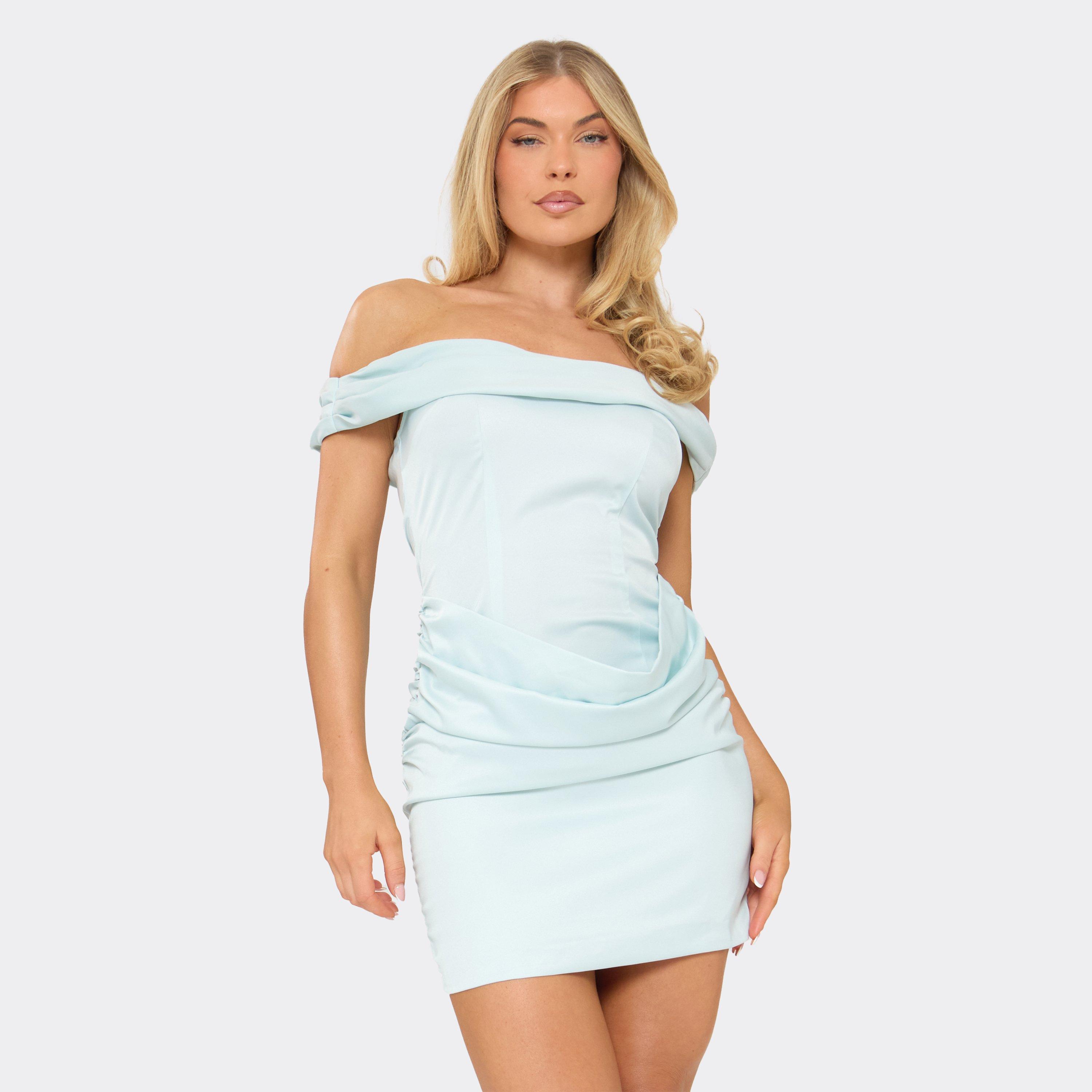 Bardot Drape Mini Dress In Baby Blue Satin, Women's Size UK 8