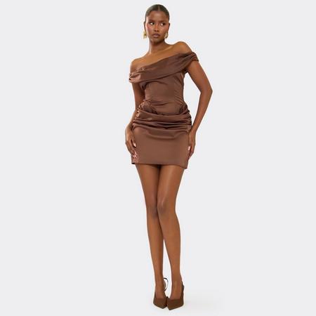 Bardot Drape Detail Mini Dress In Chocolate Brown Satin, Women's Size US