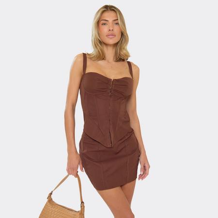 Sweetheart Neck Corset Detail Mini Dress In Chocolate Brown Woven, Women's Size US