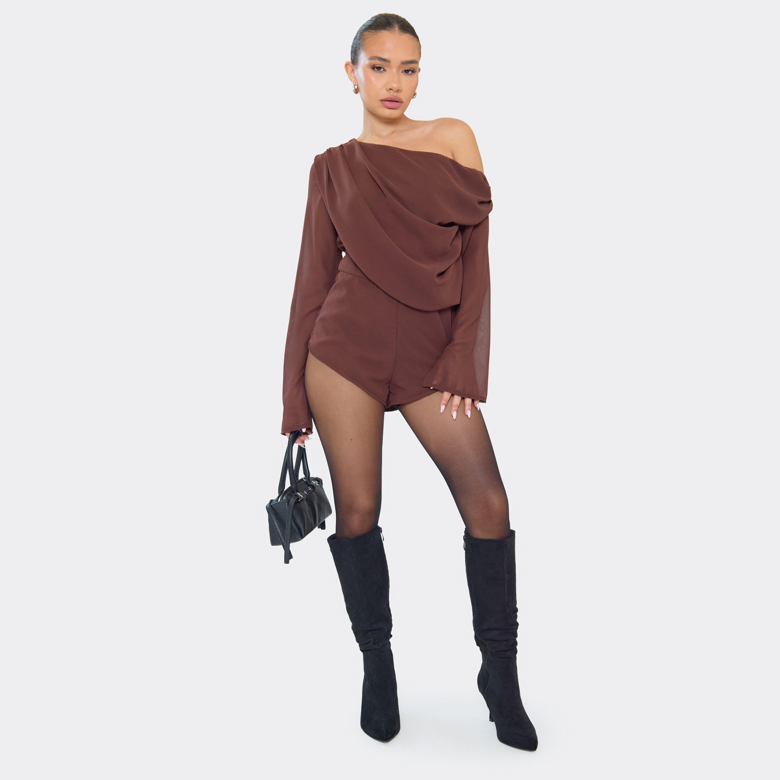 Image of Off The Shoulder Long Sleeve Drape Detail Playsuit In Chocolate Brown Chiffon, Women's