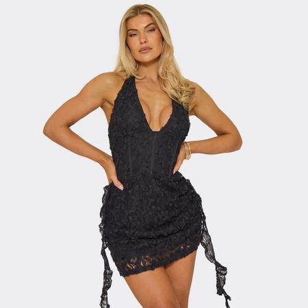 Halterneck Corset Drape Detail Mini Skater Dress In Black Texture, Women's Size US