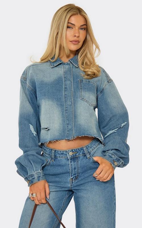 Long Sleeve Button Front Cropped Jacket In Charcoal Acid Wash