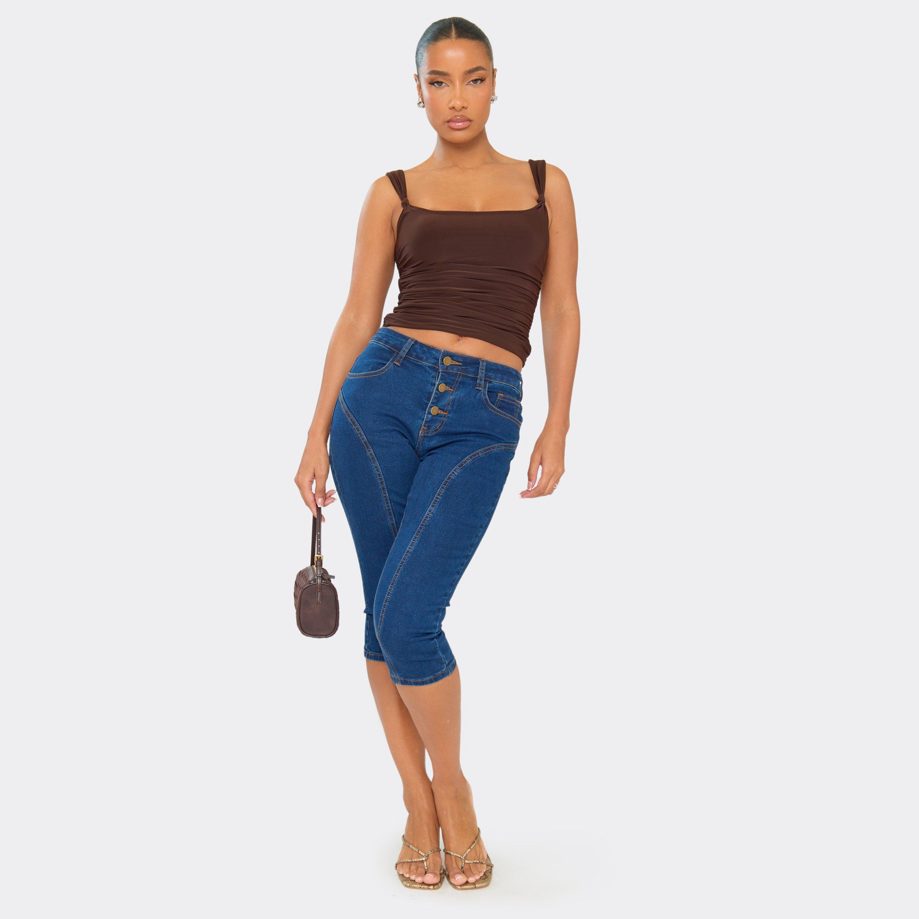 Low Rise Button Up Seam Detail Capri Jeans In Indigo Blue Denim, Women's Size UK 6