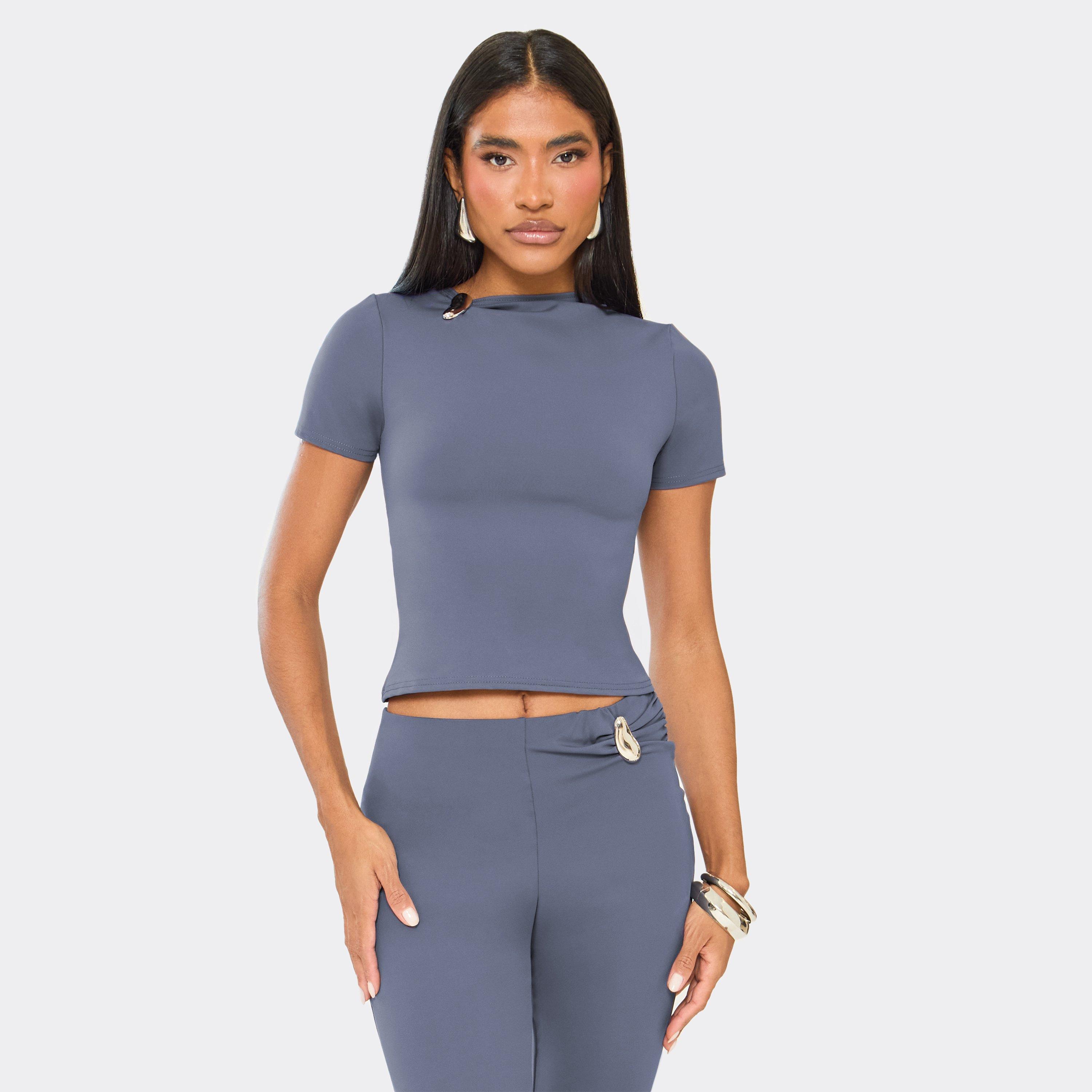 Short Sleeve Asymmetric Neck Trim Detail Fitted Top In Steel Blue, Women's Size UK 8