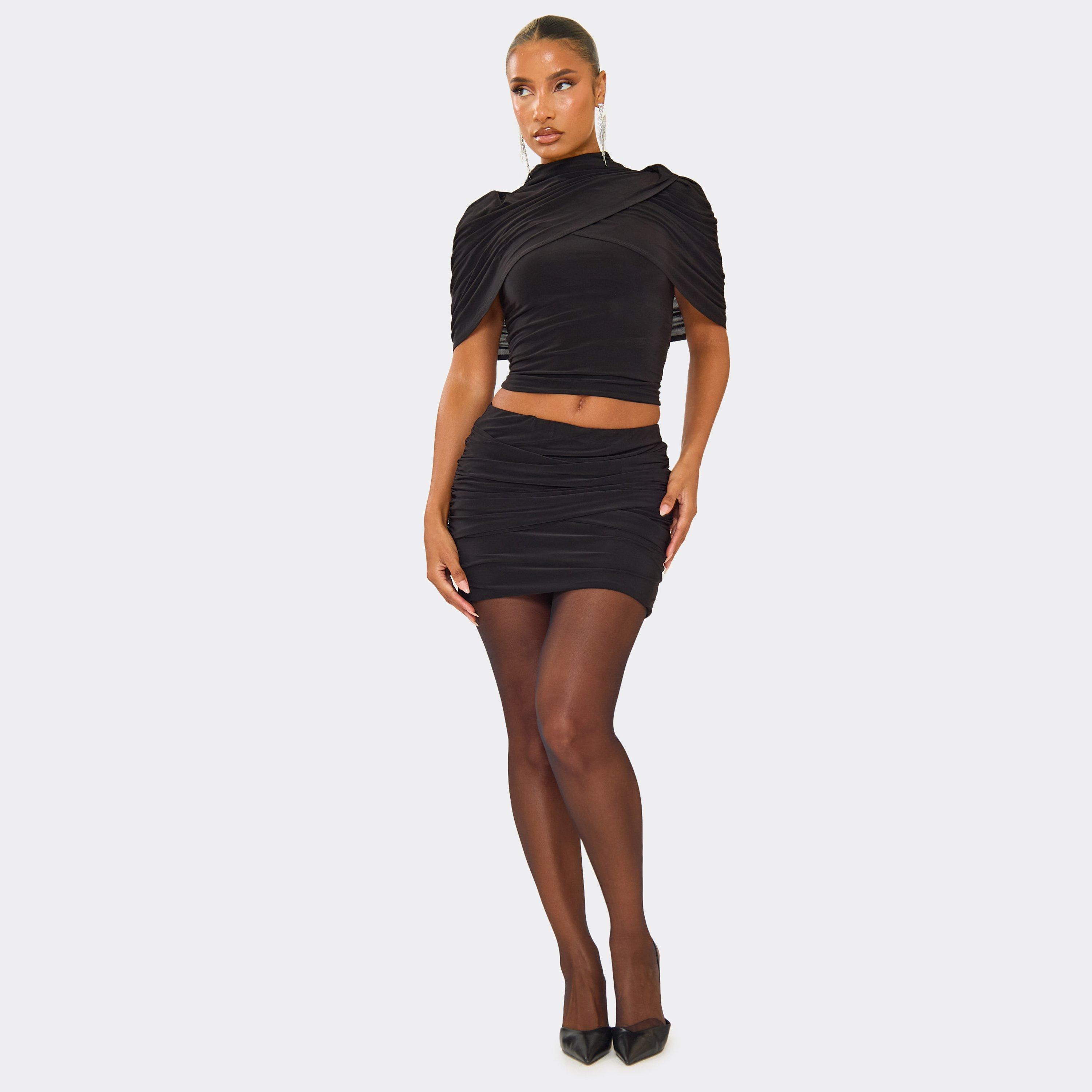 Mid Waist Wrap Over Ruched Mini Skirt In Black, Women’s