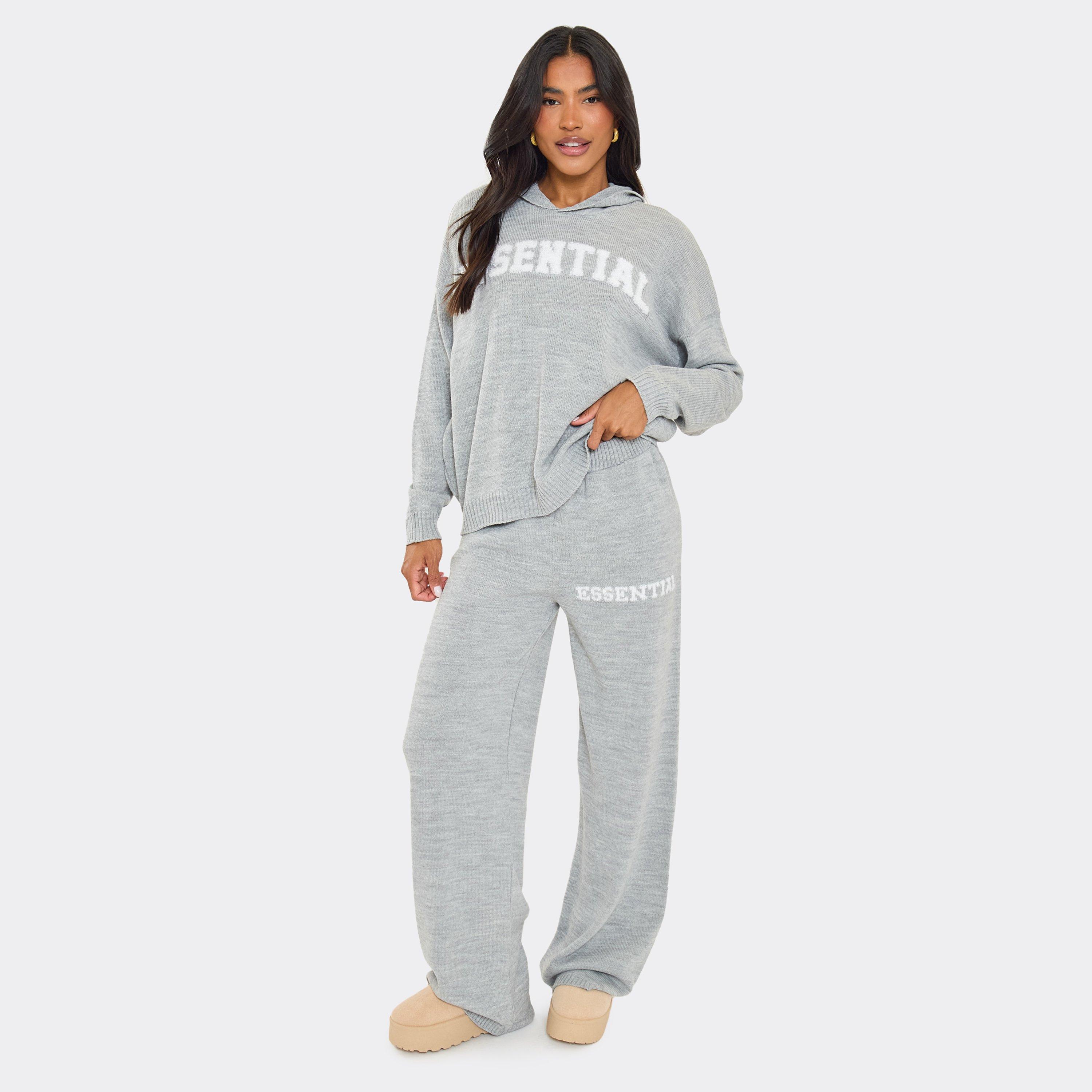 Mid Rise Fluffy Essential Logo Detail Wide Leg Trousers In Grey Knit, Women's Size UK L