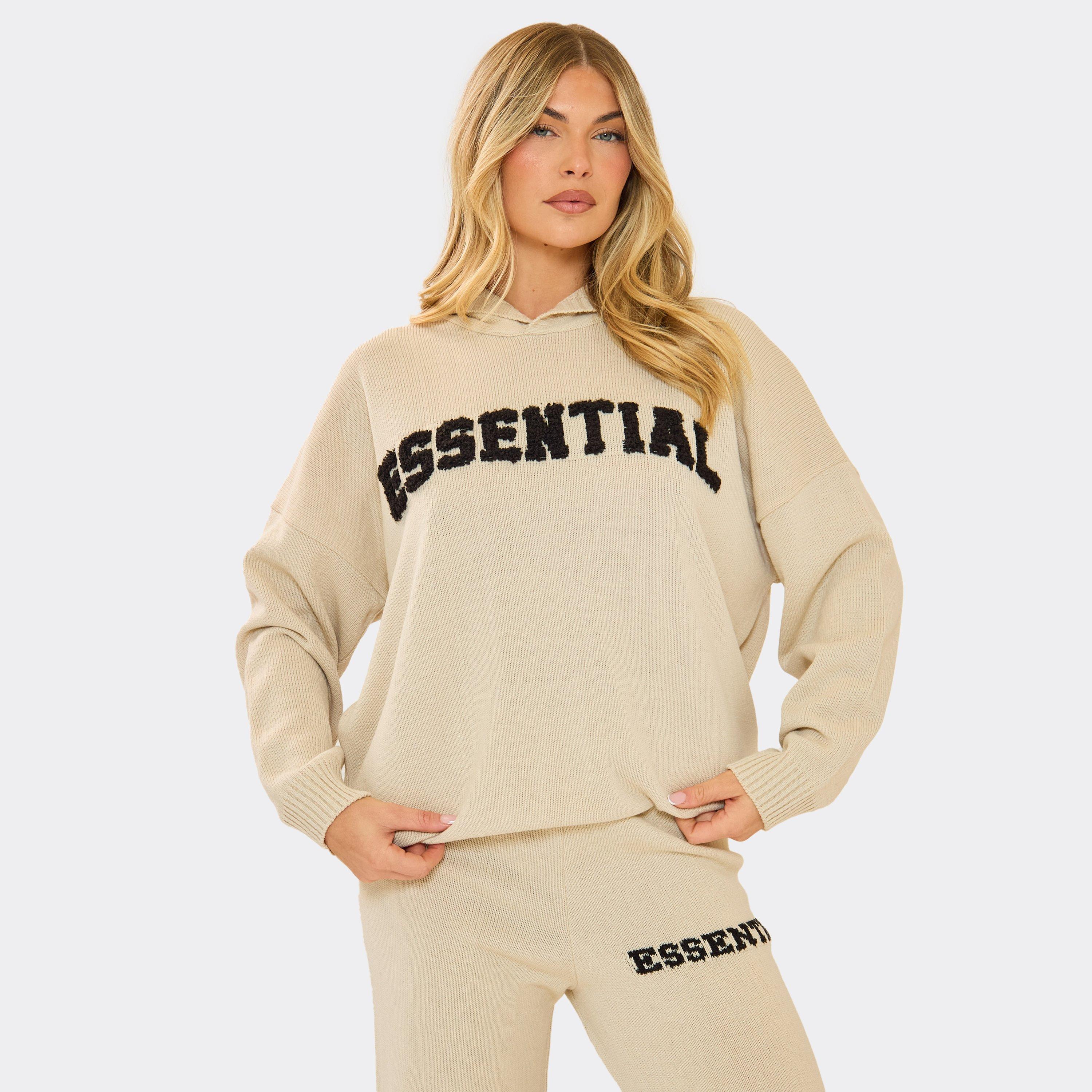Long Sleeve Fluffy Essential Logo Detail Oversized Hoodie In Stone Knit, Women’s