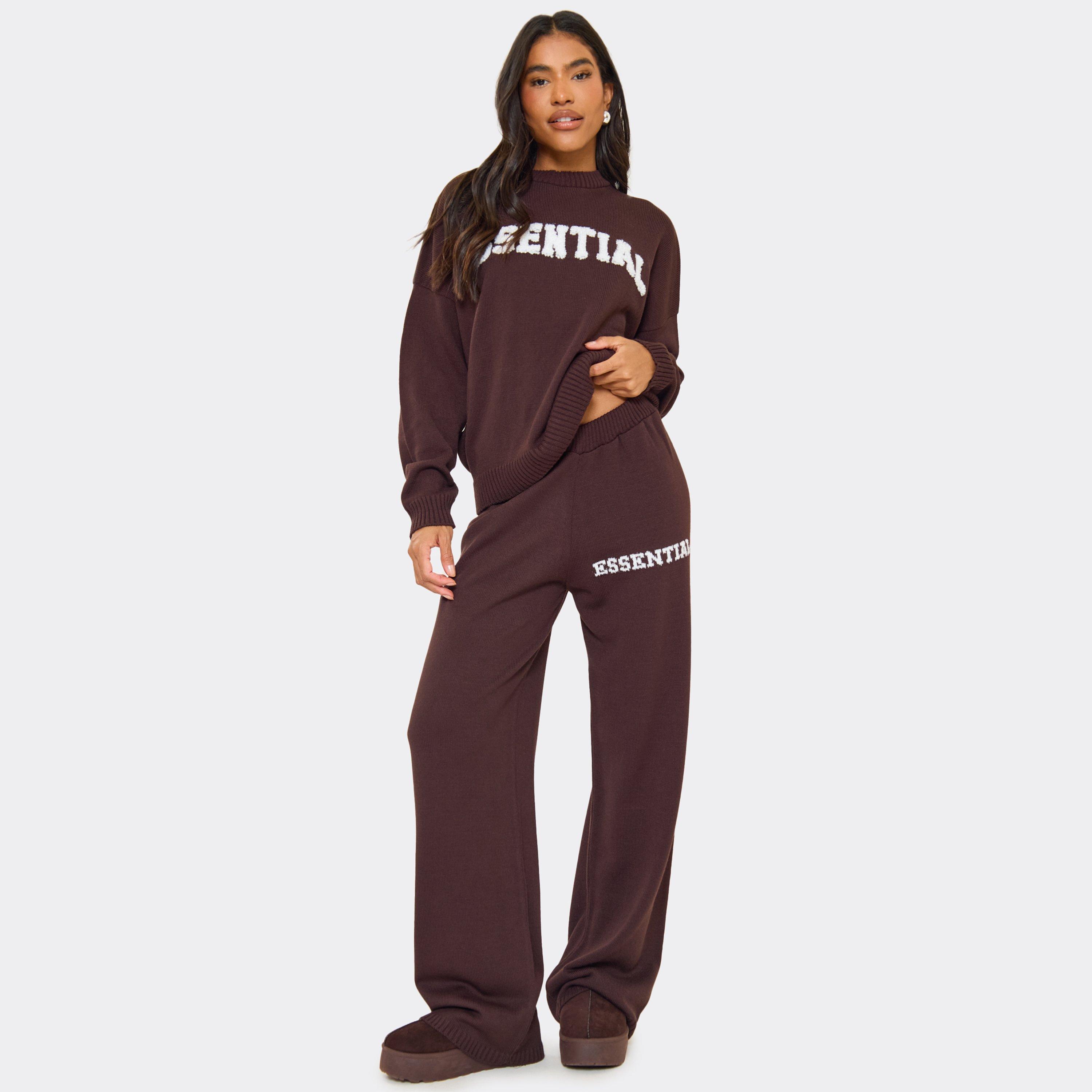 Mid Rise Fluffy Essential Logo Detail Wide Leg Trousers In Chocolate Brown Knit, Women's Size UK S