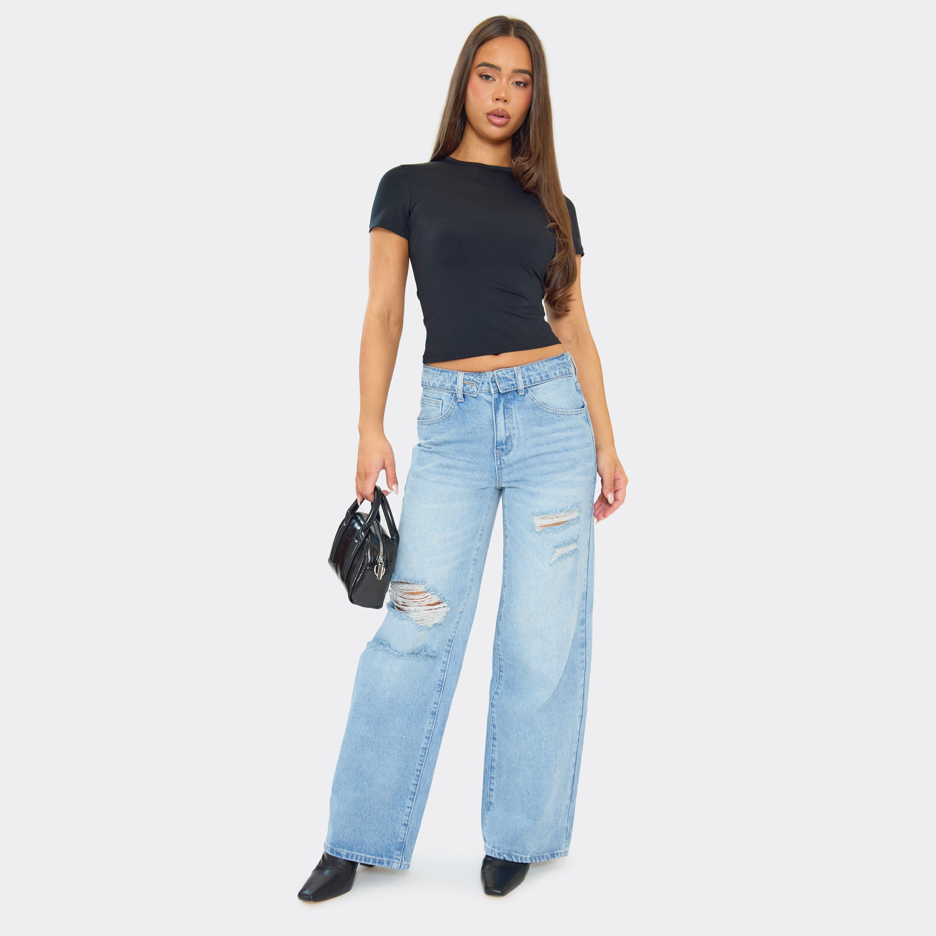 Fold Over Waistband Distressed Wide Leg Jeans In Light Blue Denim, Women's Size UK 8