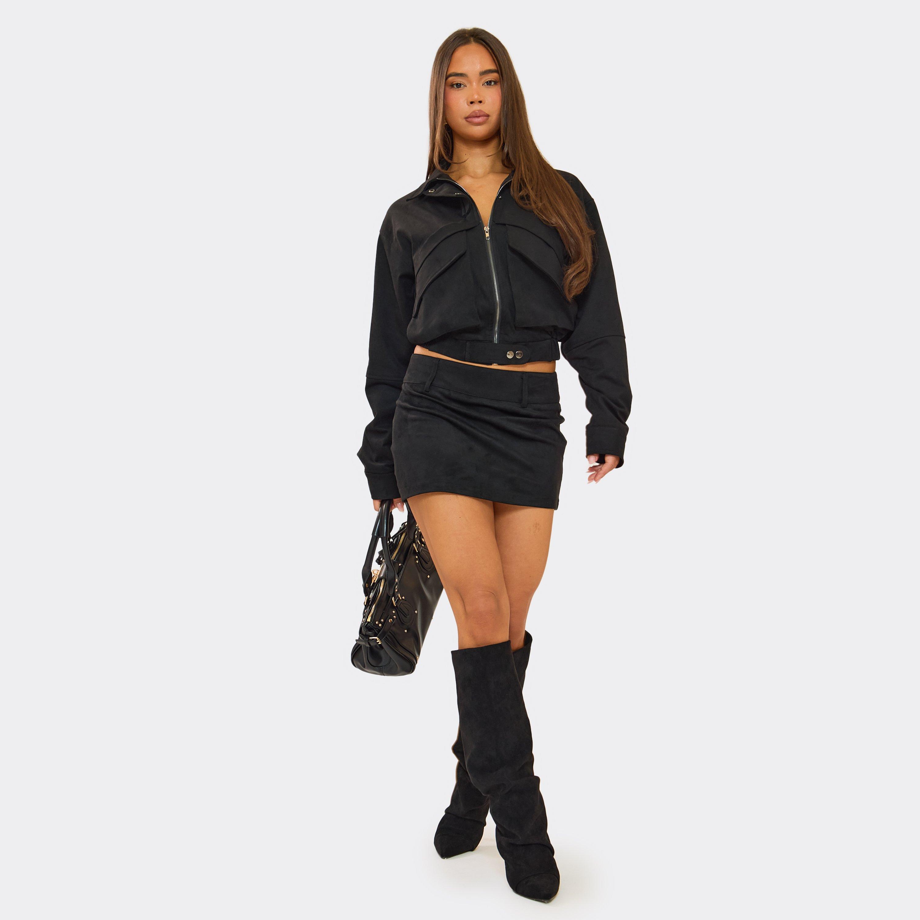 Mid Rise Fitted Mini Skirt In Black Faux Suede, Women’s