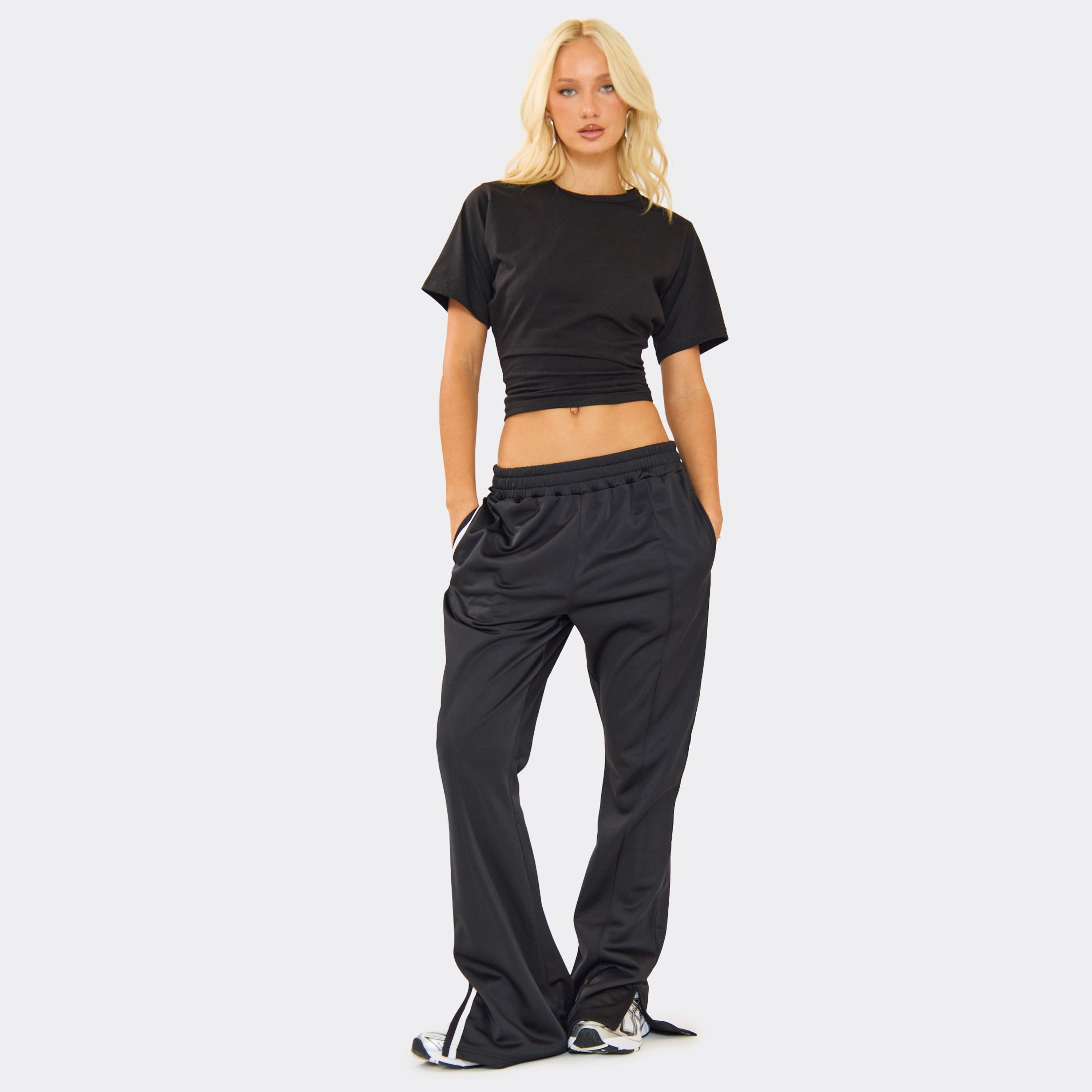 Elastic Waist Contrast Side Stripe Split Hem Flared Joggers In Black, Women’s