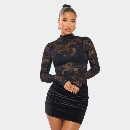 High Neck Contrast Lace Ruched Velvet Hem Detail Mini Dress In Black, Women's Size US