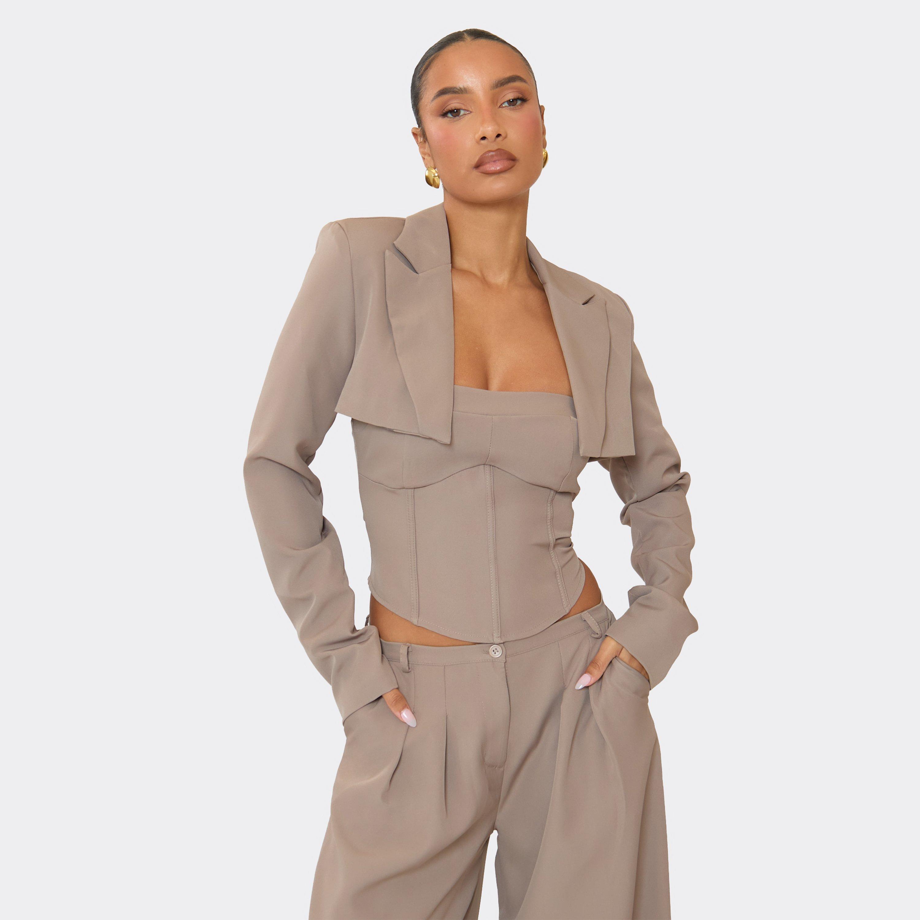 Long Sleeve Tailored Cropped Blazer In Taupe, Women’s