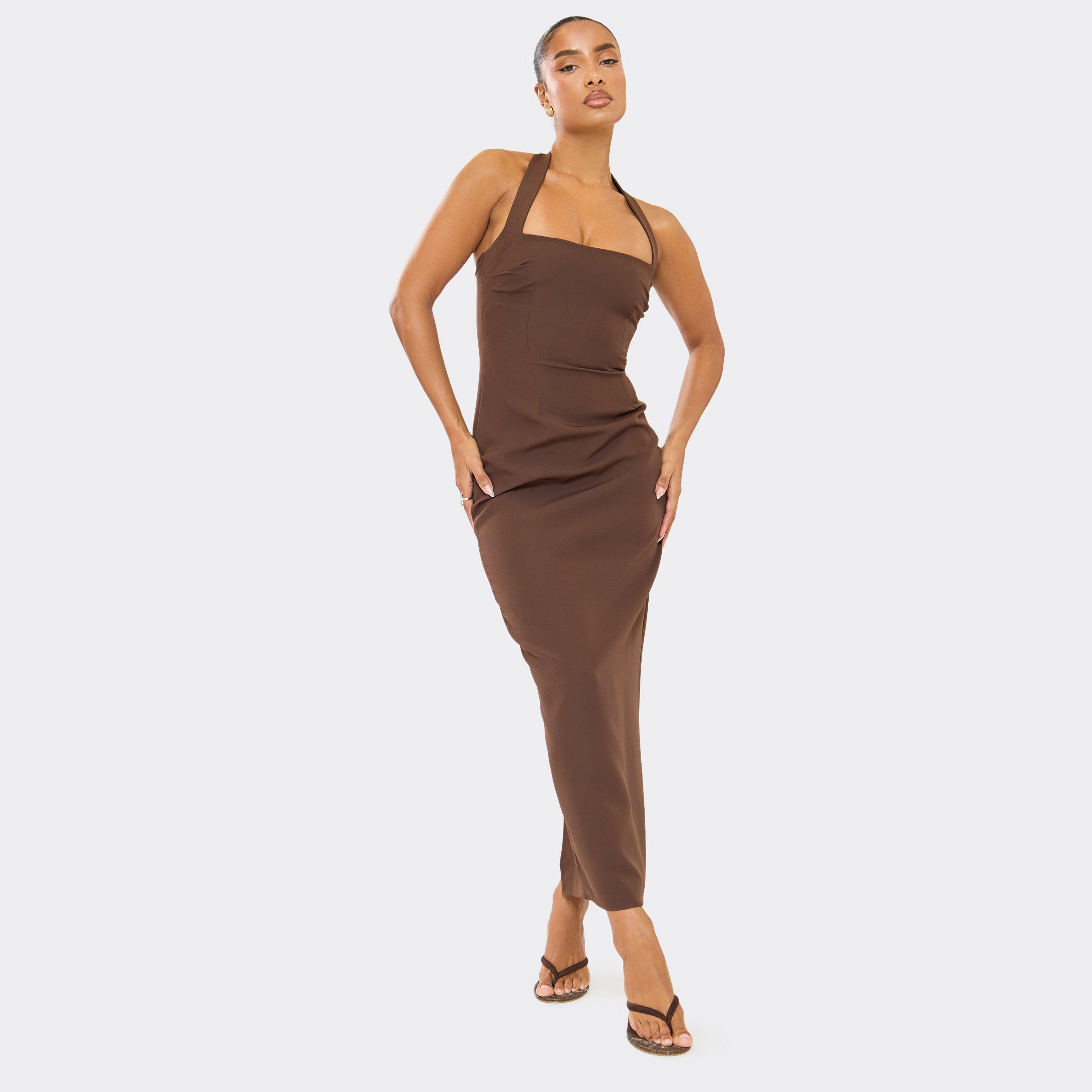 Square Neck Bodycon Midaxi Dress In Chocolate Brown Woven, Women’s