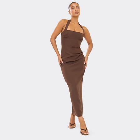 Square Neck Bodycon Midaxi Dress In Chocolate Brown Woven, Women's Size US