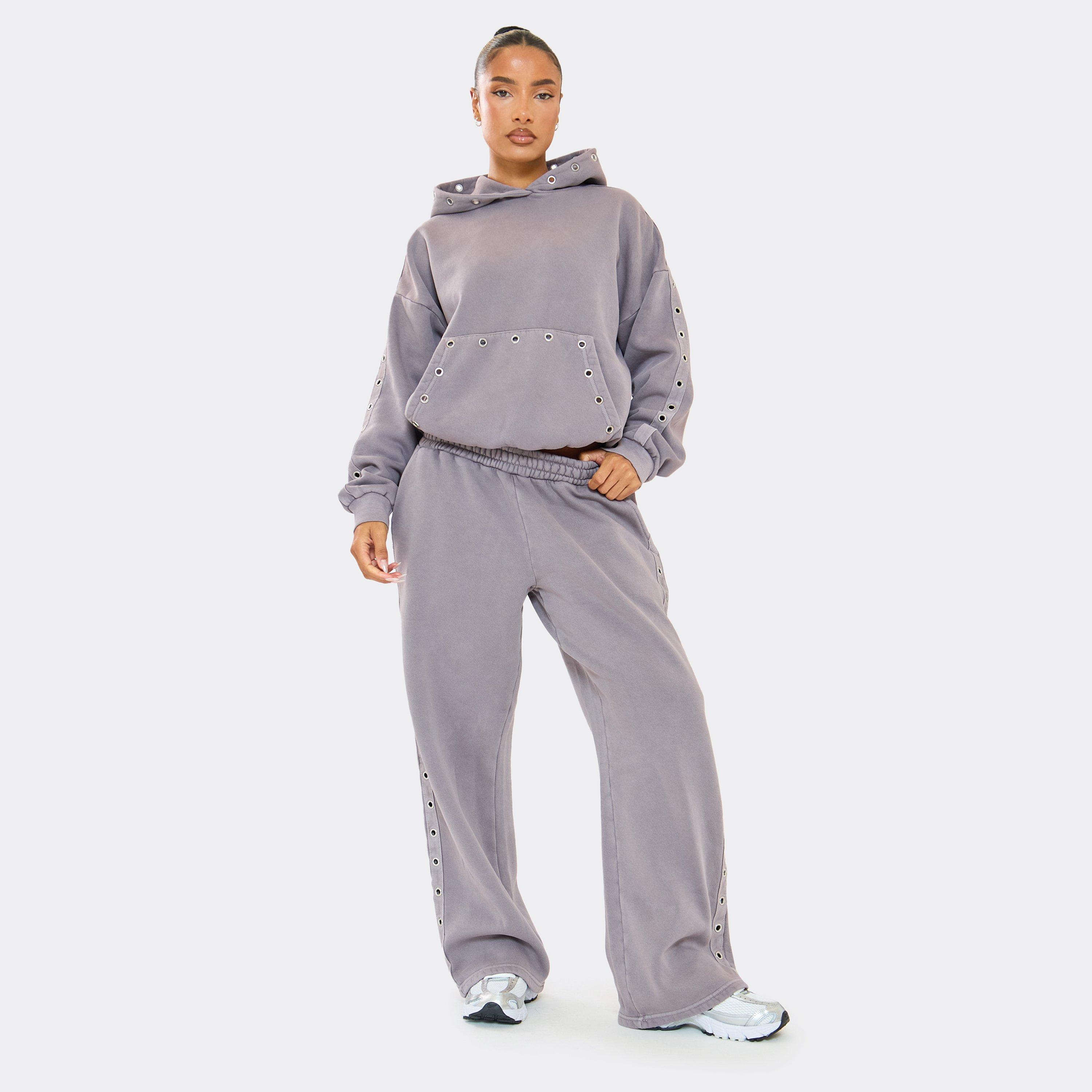 Eyelet Detail Wide Leg Joggers In Washed Purple, Women's Size UK 12