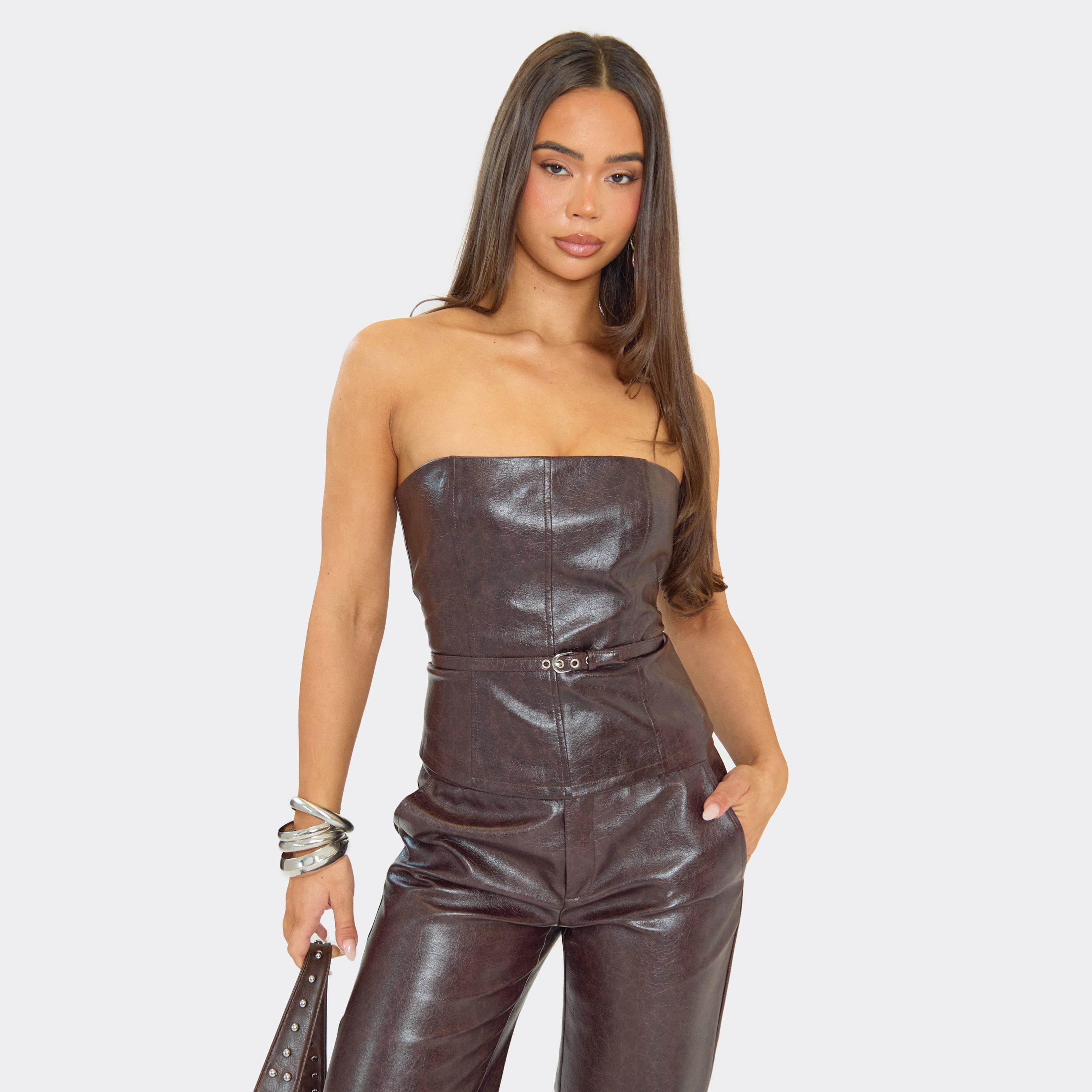 Image of Bandeau Belt Detail Fitted Top In Chocolate Brown Faux Leather, Women's