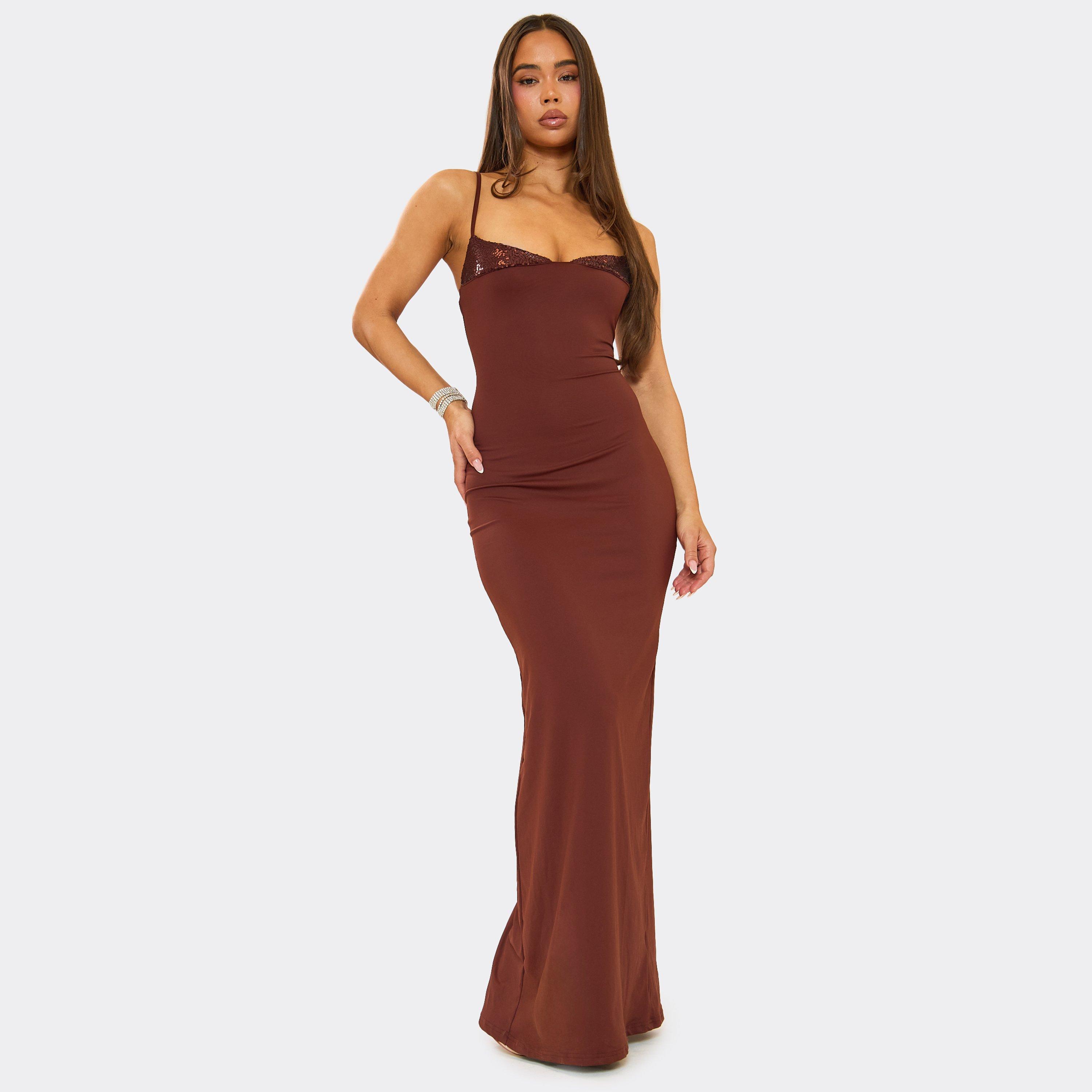 Strappy Contrast Sequin Bust Detail Maxi Dress In Chocolate Brown, Women’s