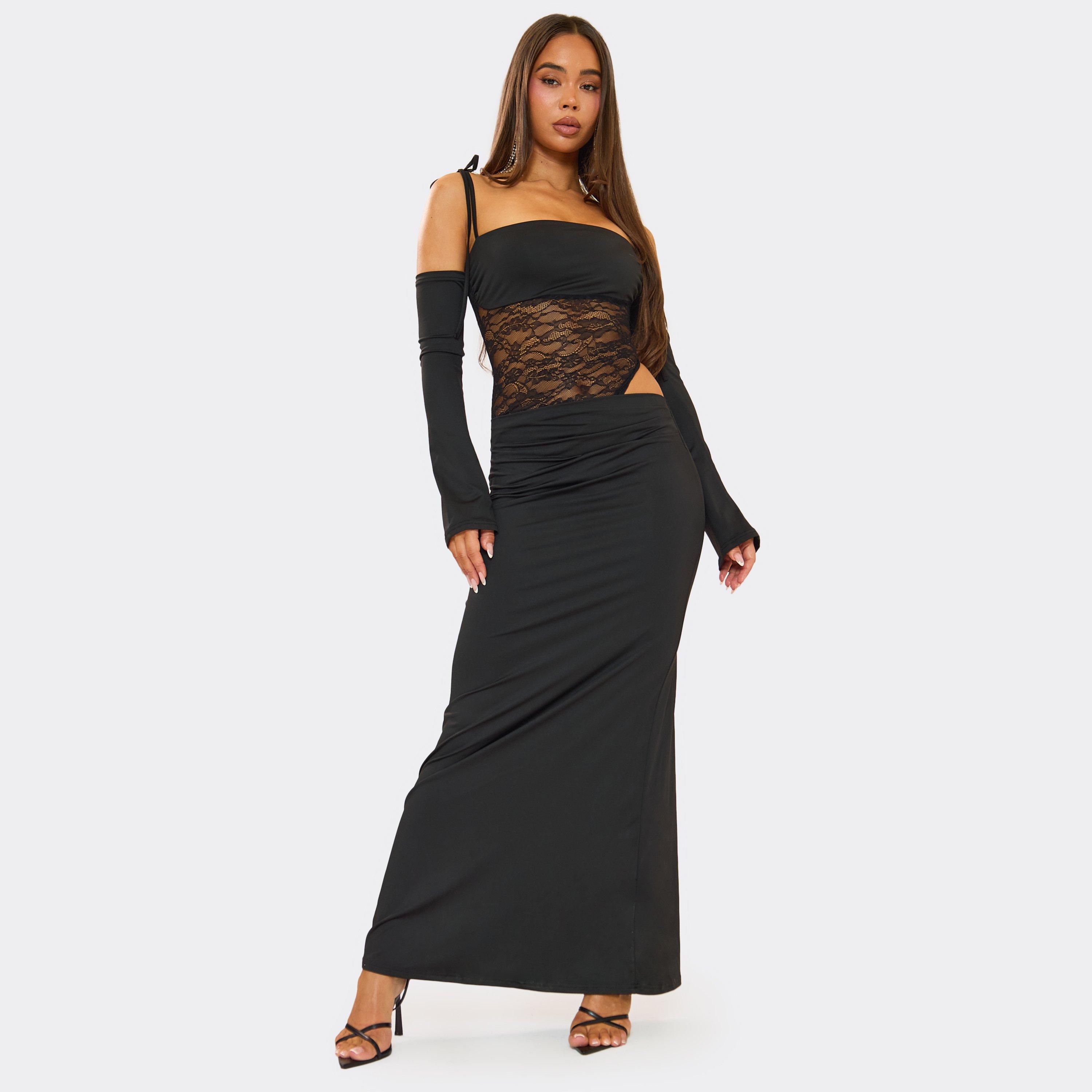 Bardot Strappy Contrast Lace Detail Maxi Dress In Black, Women’s