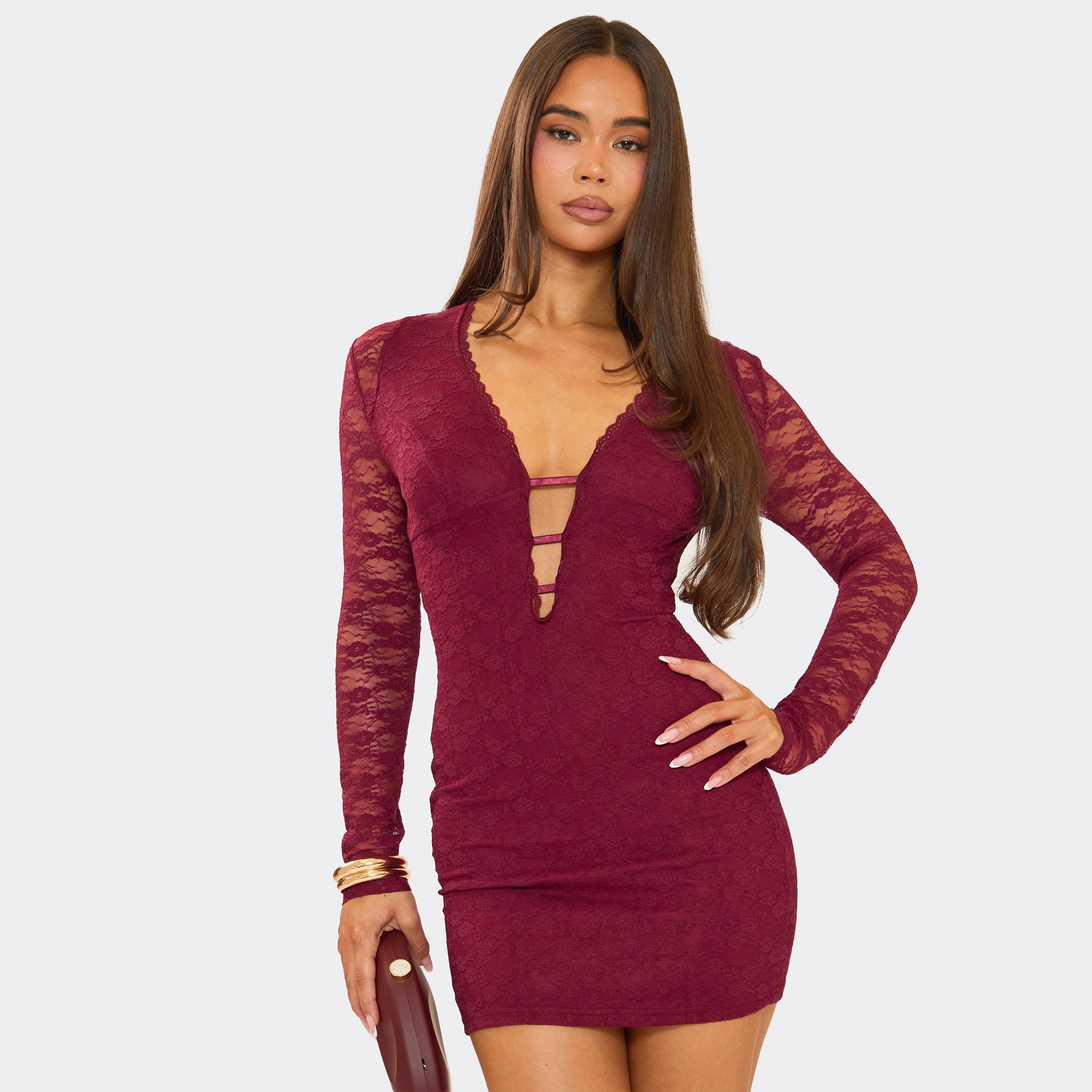 Long Sleeve Plunge Neck Lace Trim Detail Mini Dress In Burgundy Lace, Women’s