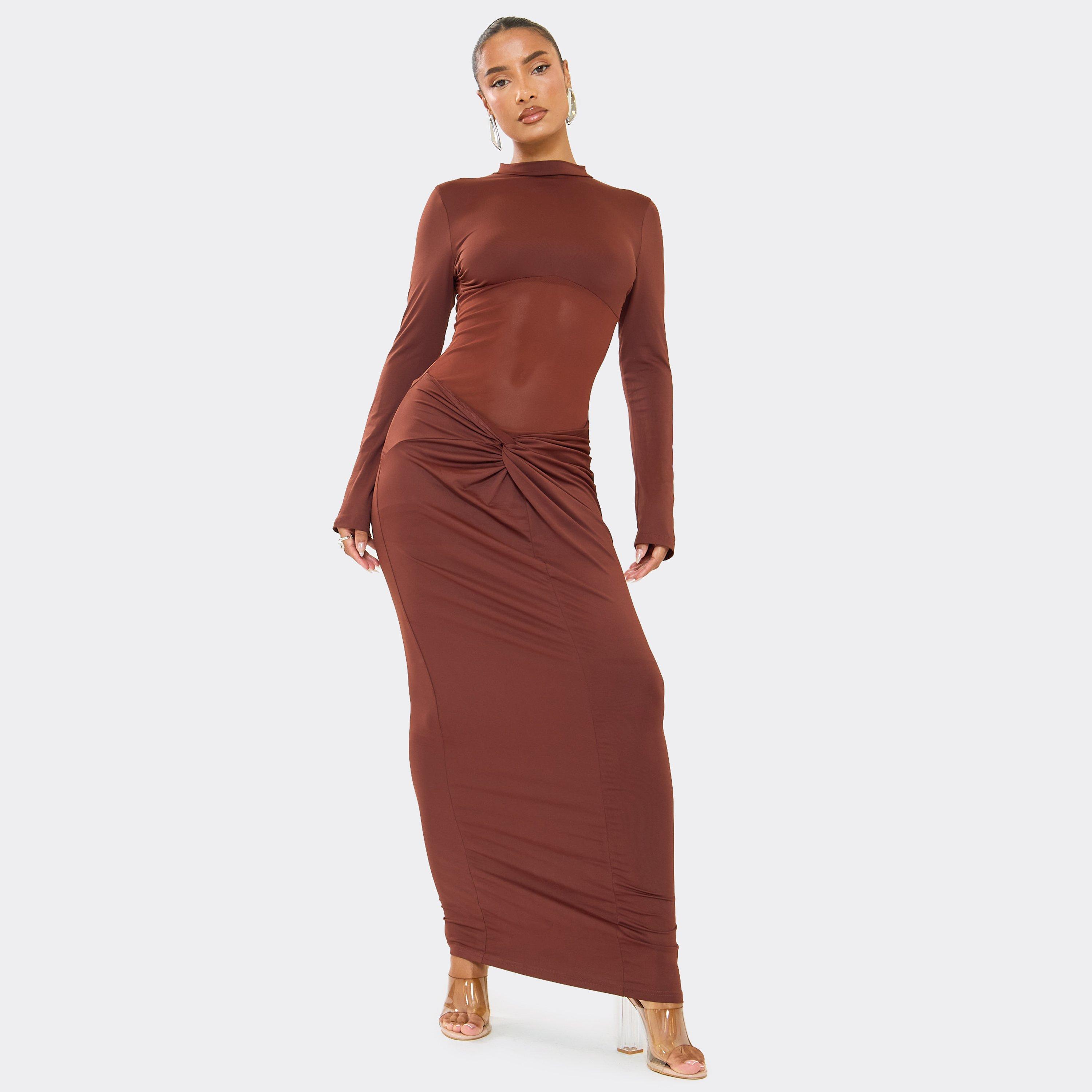 High Neck Twist Detail Maxi Dress In Chocolate Brown, Women’s
