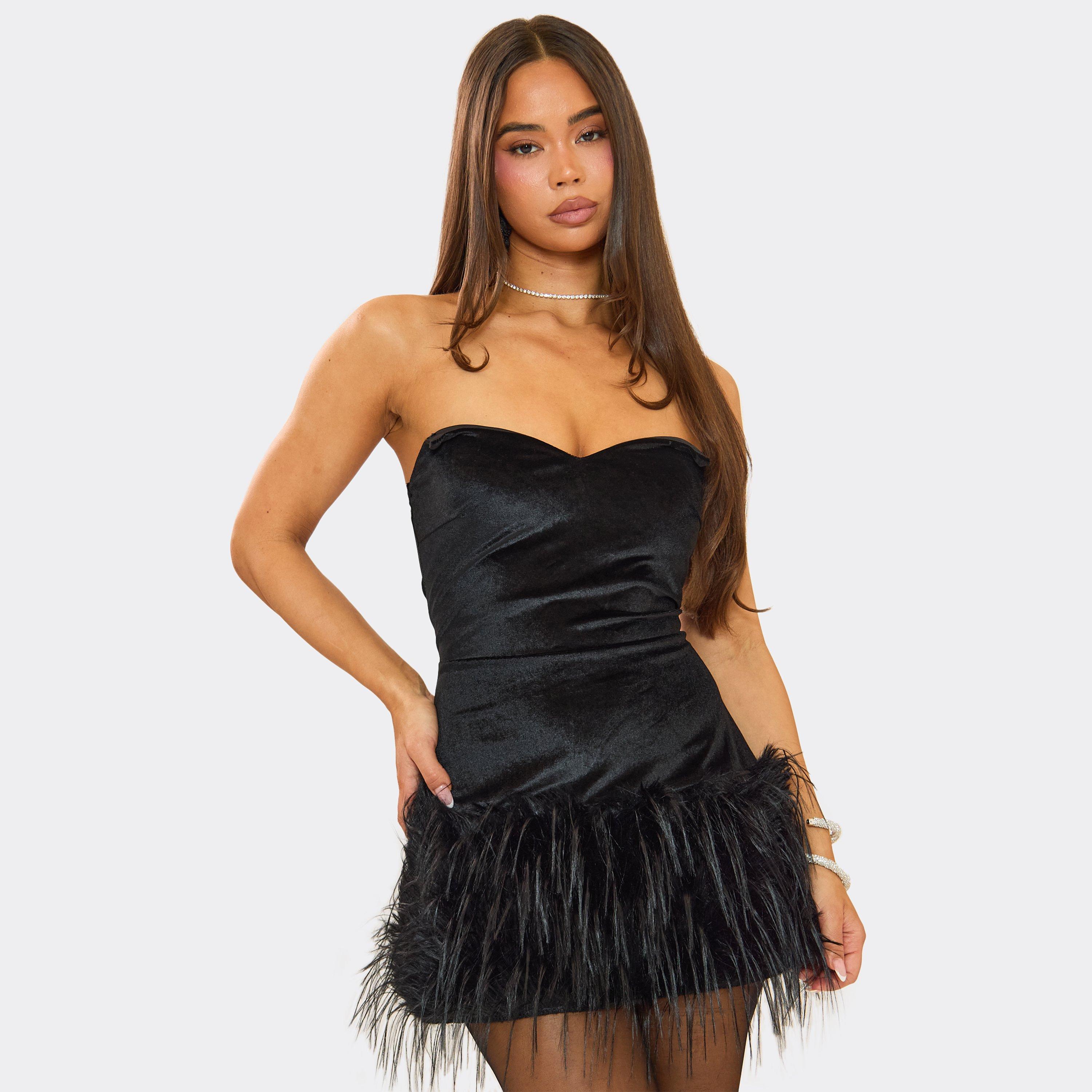 Bandeau Feather Hem Detail Mini Dress In Black Velvet, Women’s