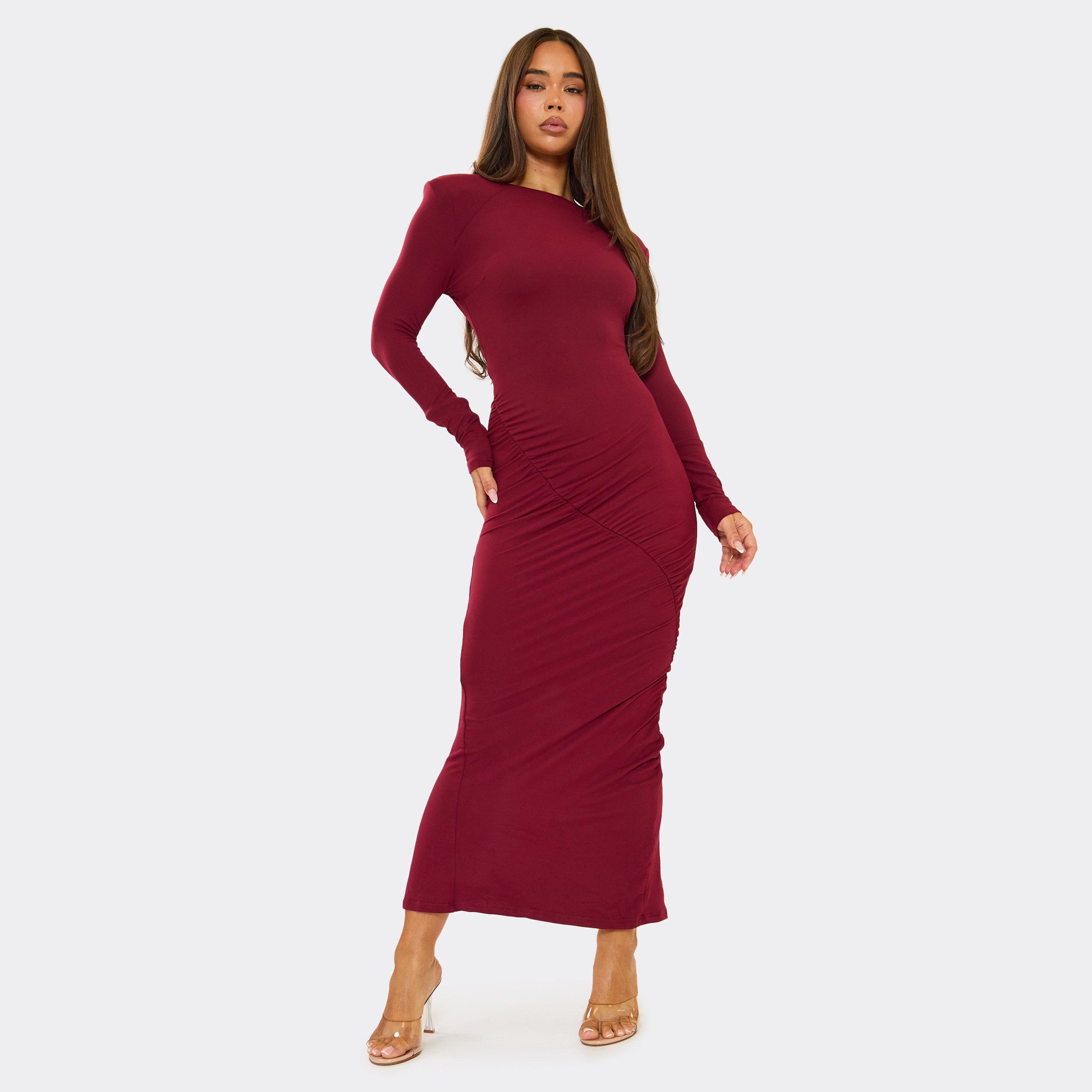 Long Sleeve Shoulder Pad Ruched Detail Maxi Dress In Burgundy, Women's Size UK L