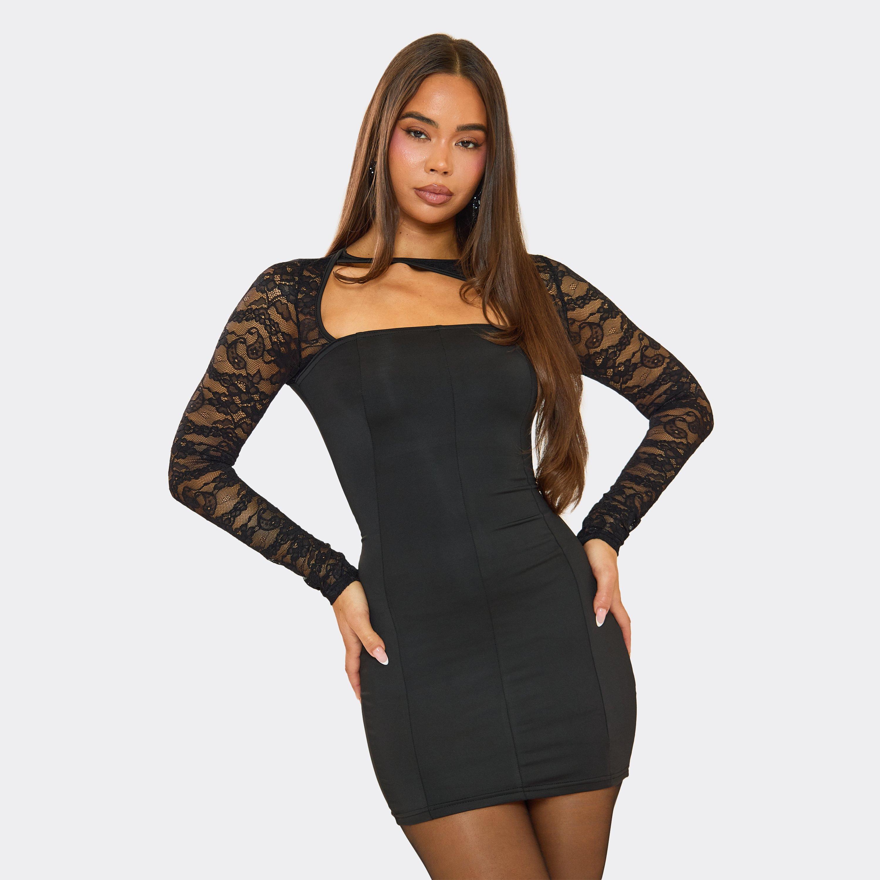 Long Sleeve Lace Cut Out Detail Mini Dress In Black, Women's Size UK L