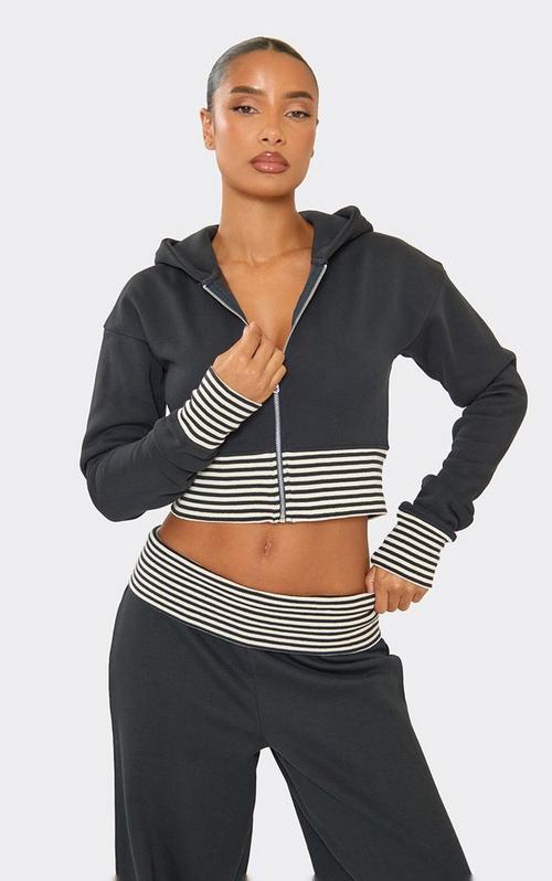 Long Sleeve Oversized Zip Detail Cropped Hoodie In Light Grey Acid