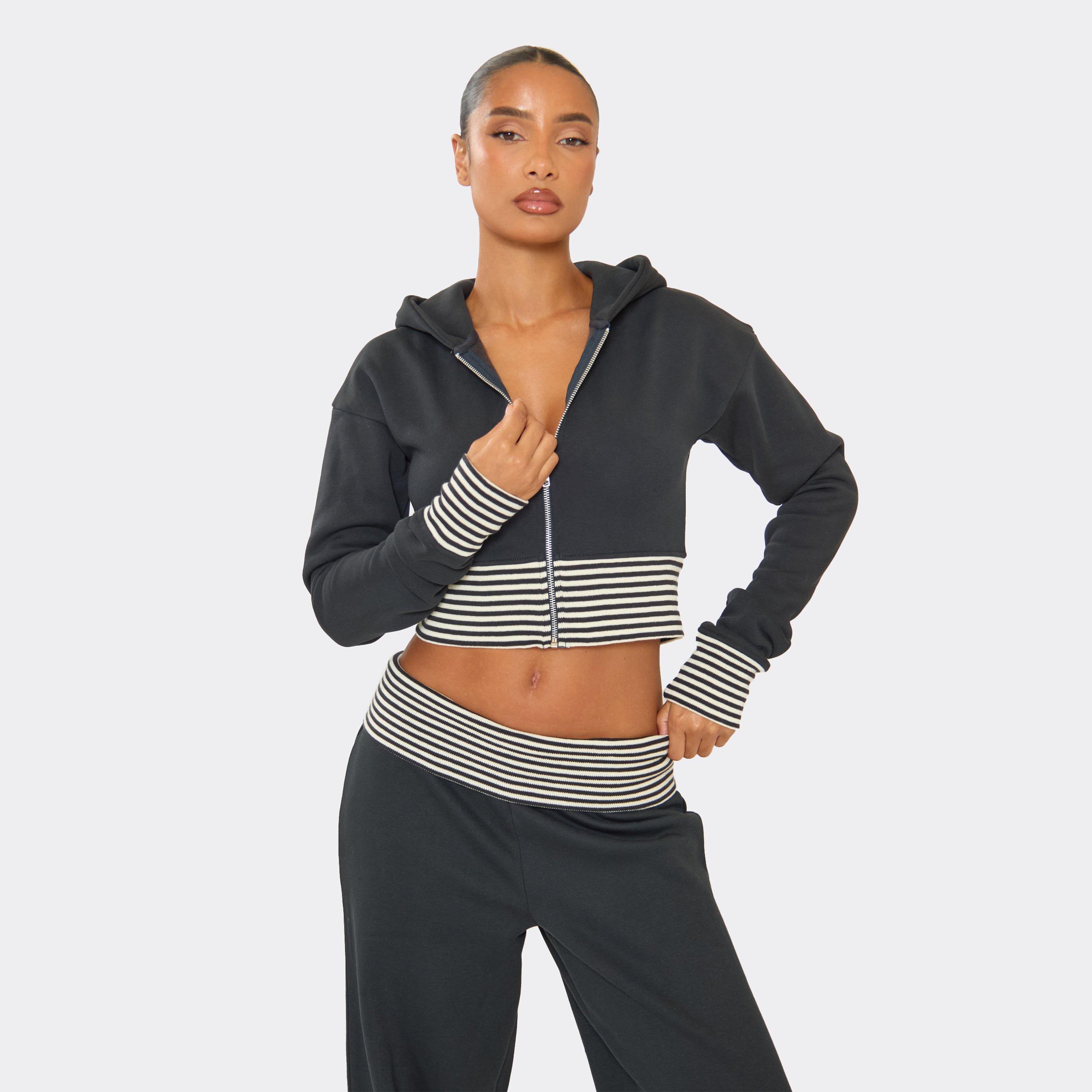 Contrast Stripe Fitted Zip Up Hoodie In Navy, Women’s