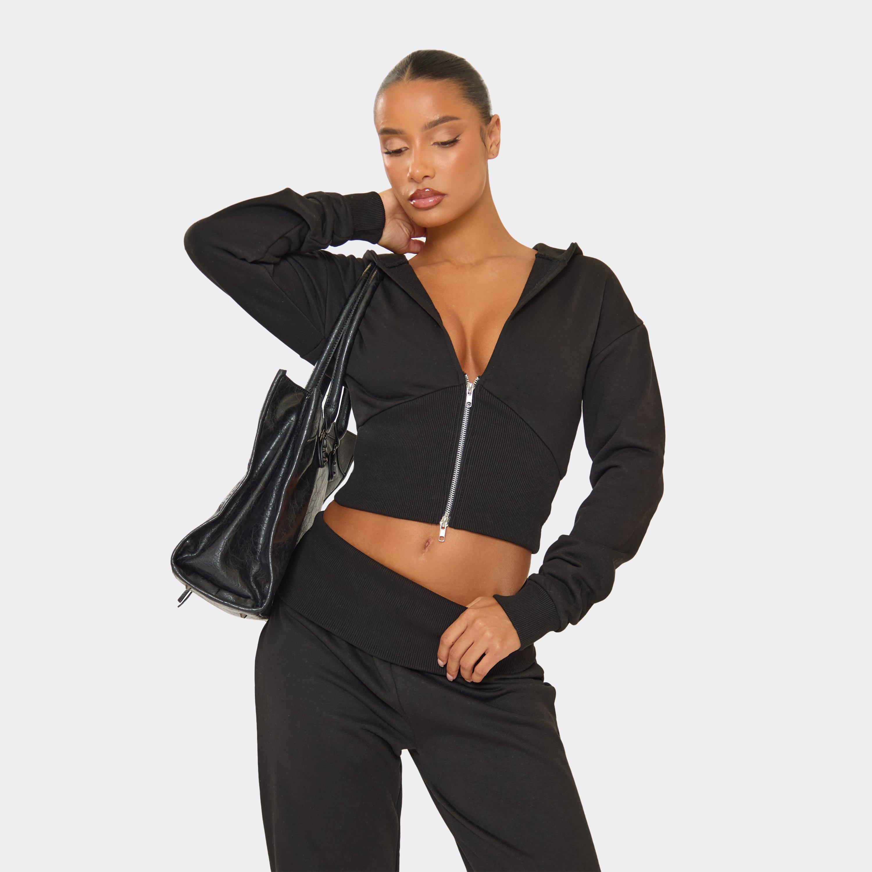 Cinched Waist Zip Up Hoodie In Black, Women’s