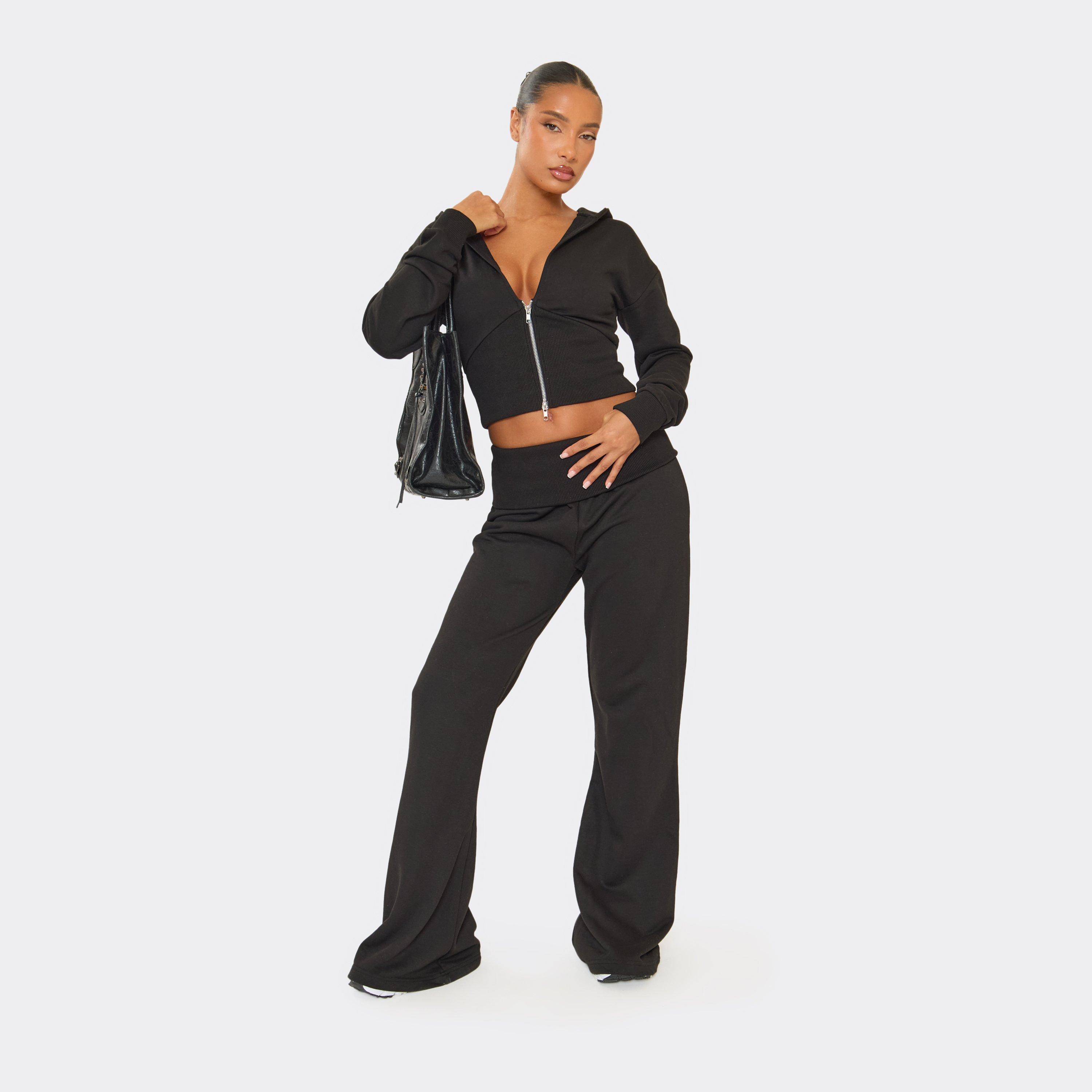 Mid Rise Fold Over Straight Leg Joggers In Black, Women’s