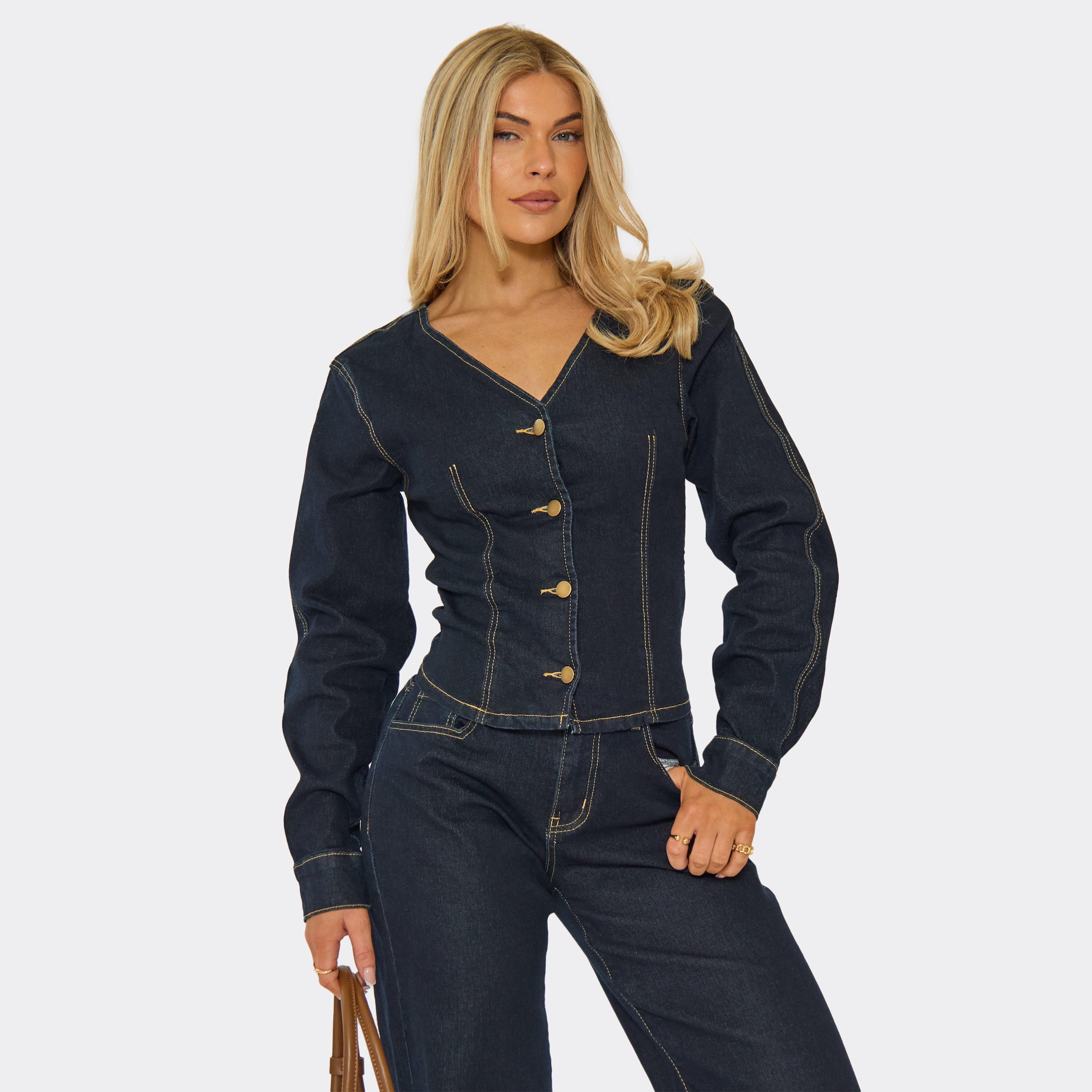 V Neck Button Down Seam Detail Fitted Jacket In Dark Indigo Denim, Women’s