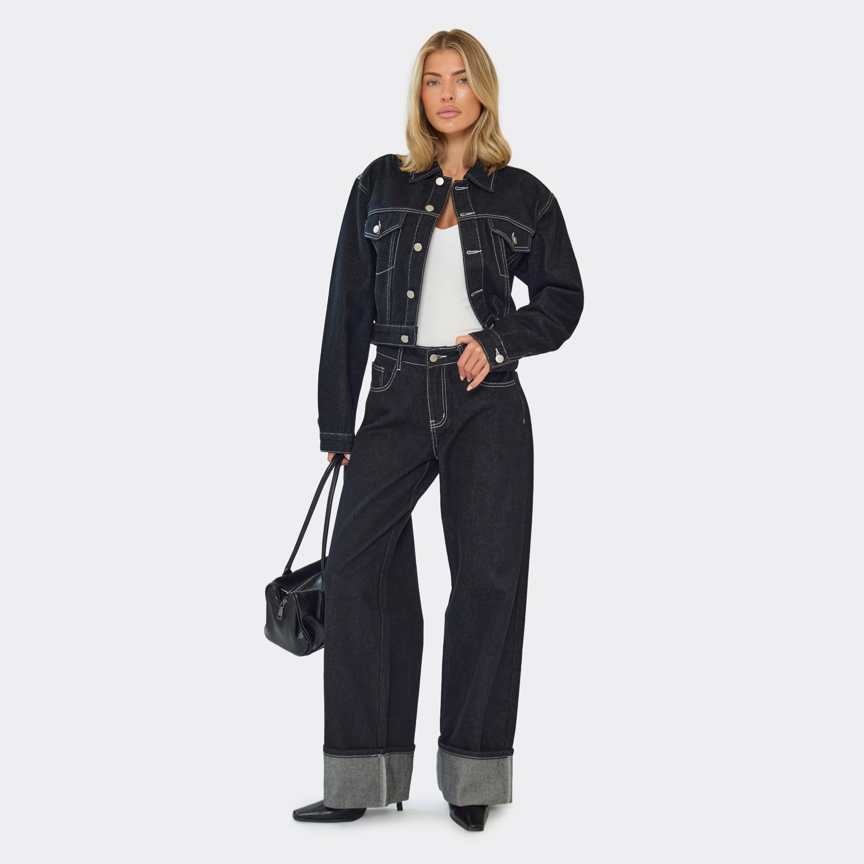 Turn Up Hem Wide Leg Jeans In Black Denim, Women's Size UK 8