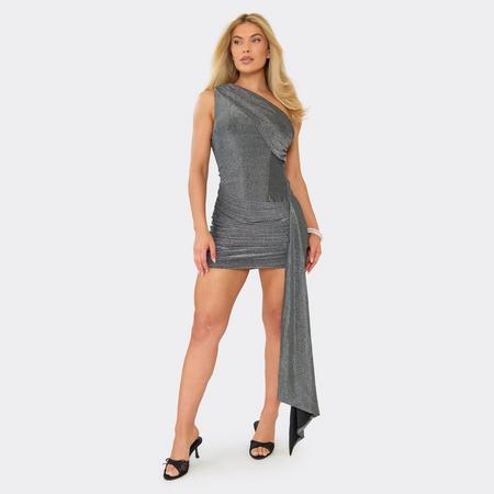 One Shoulder Ruched Drape Detail Mini Dress In Silver Glitter, Women's Size US