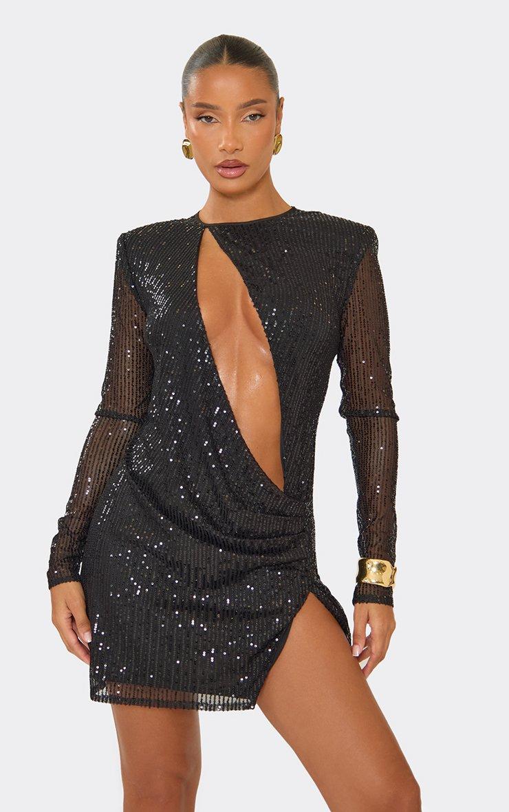 sequin long sleeve mini dress Round Neck Black / S this look will be sure to turn heads at any event Eve Long Sleeve Sequin Mini
