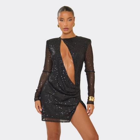 Long Sleeve Cut Out Middle Split Leg Detail Mini Dress In Black Sequin, Women's Size US