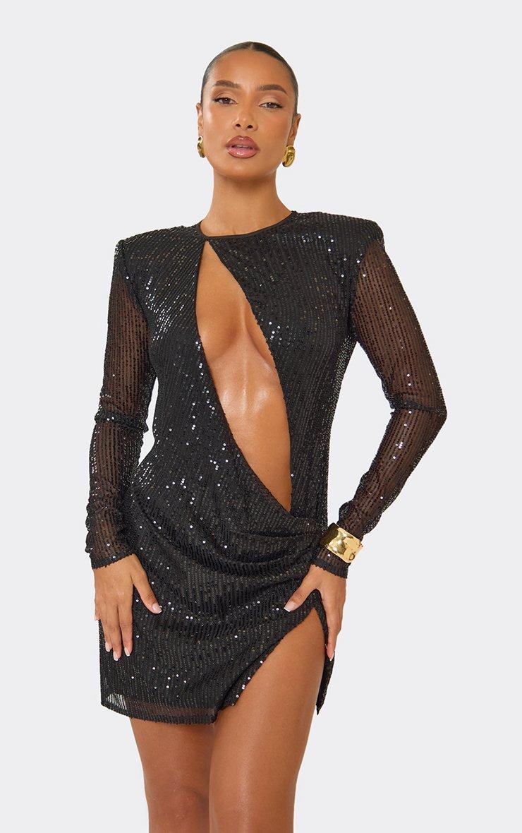 black glitter dress long sleeve Plus Size Sequin Long-Sleeve Mini This garment fits true to size Glory Sequin Mini Dress in
