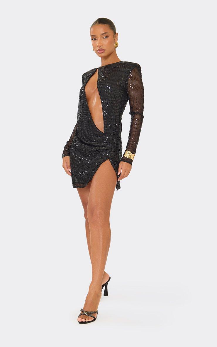 sequin sleeve dress Belinda in Black Designed with a floor Ever-Pretty 3/4 Sleeve A-Line Sequin