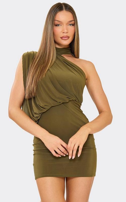 green one shoulder lea mini dress Long Sleeve Off The Draped In Khaki | EGO US silver bridal earrings